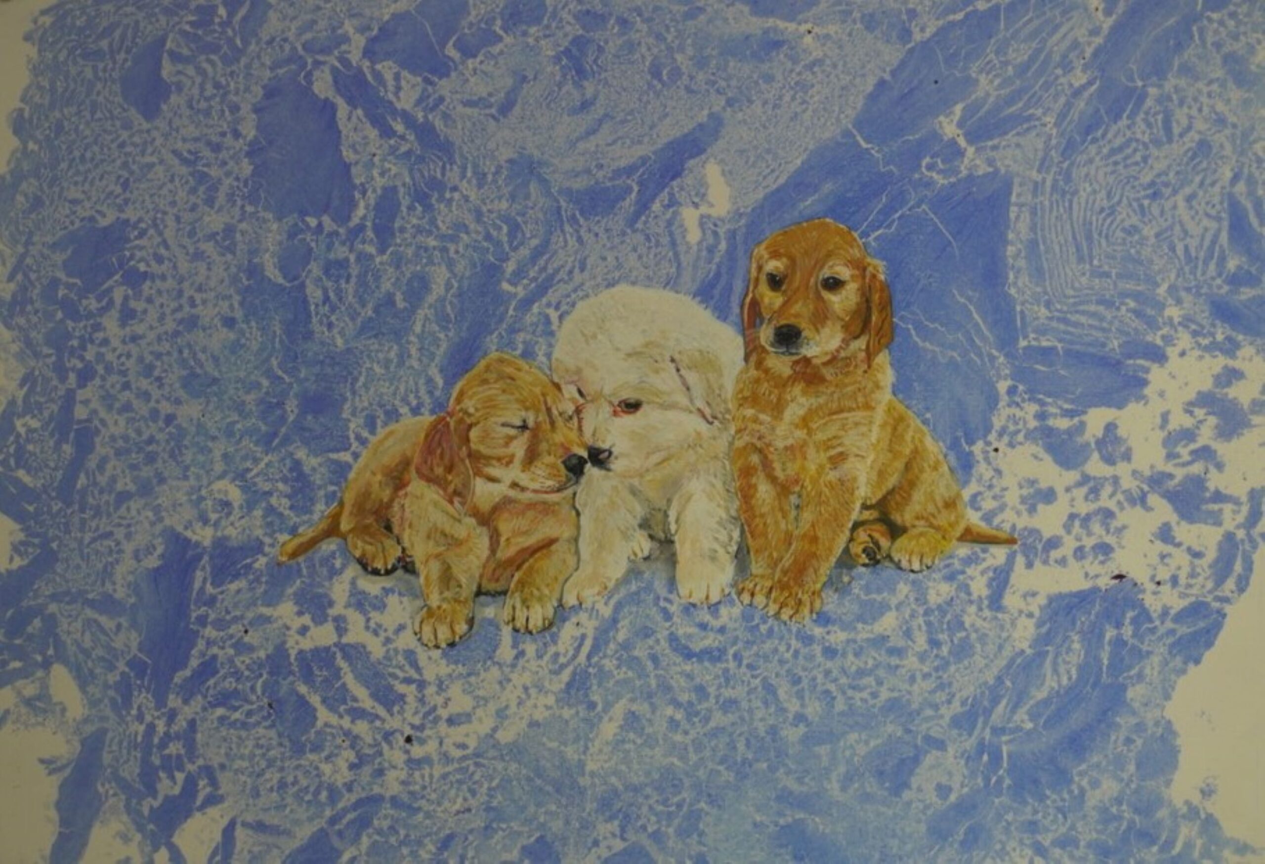 青色と白色のマーブル模様の背景の中央に子犬が三匹。左から茶色い犬、白い犬、茶色い犬がからだをよせている様子である。左の犬だけ目を閉じ中央の白い犬と鼻をくっつけている。右の犬は正面を向き前脚を揃えてかしこまている。
