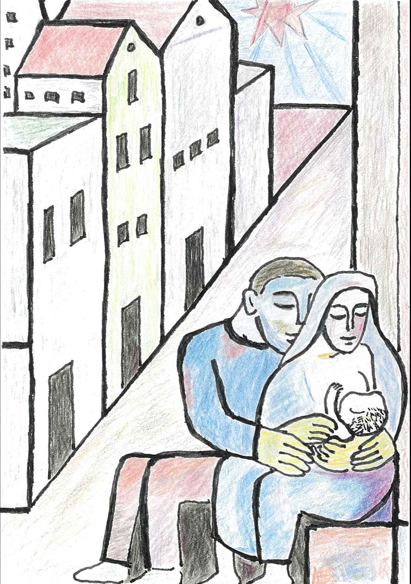 1　キリスト教美術の主題のひとつであった『聖家族』の模写である。ウィキペディア参照
用紙の左（斜め）半分に縦に建物が四棟奥に向けてある。手前から長い長方形の建物一棟、三角屋根の建物二棟。窓が描かれていない長方形の建物。その奥には青空に赤い太陽がある。四棟に沿って右に道がある。手前に聖母ヨセフ（左）と聖母マリア（右）が腰を掛けている。マリアは幼い頃（赤ん坊）のキリストに乳を与えている。ヨセフはその二人を両手で包み込むように抱いている。ヨセフとマリアは目を閉じ優しい表情である。