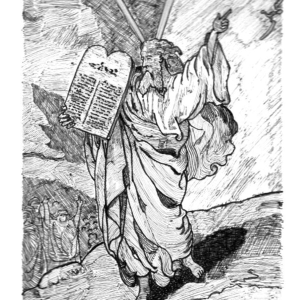 ギュスターヴ・ドレの宗教画”モーセ”を鉛筆で模写したもの。シナイ山でモーセが神から十戒を授けられた場面