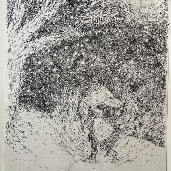 雪が降る月夜にアイヌ民族の踊りをする人が一人いる。黒色の濃淡で表現した点画である。左にある大きな木の前で踊る人、一番右上に月がある。踊る人を囲むように円がいくつもある。
