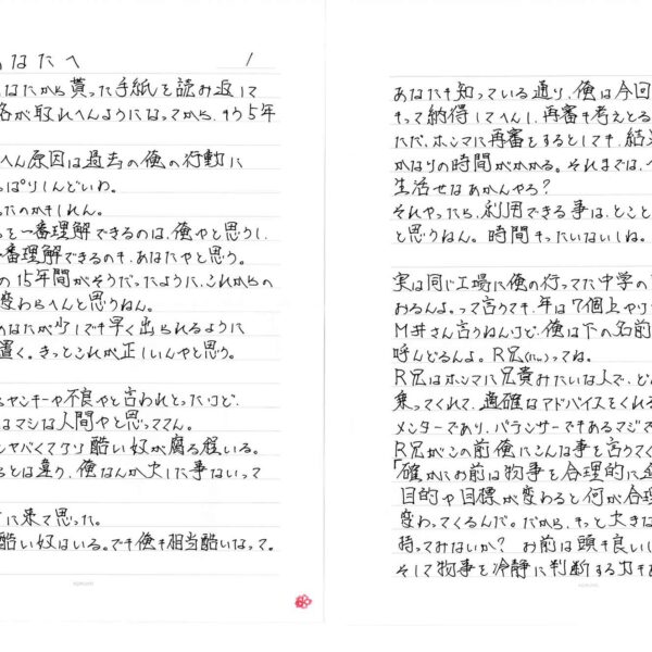 あなたへ　　今、5年前にあなたから貰った手紙を読み返してたんやけど、連絡が取れへんようになってから、もう5年が経つんやね。連絡が取れへん原因は過去の俺の行動にあるんやけど、やっぱりしんどいわ。でも、これで良かったのかもしれん。あなたの気持ちを一番理解できるのは、俺やと思うし、俺の気持ちを一番理解できるのも、あなたやと思う。この事は今までの15年間がそうだったように、これからの15年間もきっと変わらへんと思うねん。せやから、今はあなたが少しでも早く出られるように俺とは距離を置く。きっとこれが正しいんやと思う。俺はガキの頃からヤンキーや不良やと言われとったけど、自分の事を少しはマシな人間やと思っててん。世の中には、もっとヤバくてクソ酷い奴が腐る程いる。俺はそんな奴らとは違う、俺なんか大した事ないって思っとった。でもな、刑務所に来て思った。確かに俺より酷い奴はいる。でも俺も相当酷いなって。あなたも知っている通り、俺は今回の判決に全くもって納得してへんし、再審も考えとる。ただ、ホンマに再審をするとしても、結果が出るまでかなりの時間がかかる。それまでは、やっぱり刑務所で生活せなあかんやろ?それやったら、利用できる事は、とことん利用してやろうと思うねん。時間もったいないしね。実は同じ工場に俺の行ってた中学の隣の中学の先輩がおるんよ。って言うても、年は7個上やけど。M井さん言うねんけど、俺は下の名前に兄を付けて呼んどるんよ。R兄(にい)ってね。R兄はホンマに兄貴みたいな人で、どんな相談にも乗ってくれて、適確なアドバイスをくれる。俺にとってのメンターであり、バランサーでもあるマジで大切な人。R兄がこの前俺にこんな事を言うてくれてん。「確かにお前は物事を合理的に進めてるんだけど、目的や目標が変わると何が合理的かってのも変わってくるんだ。だから、もっと大きな先の目標を持ってみないか？お前は頭も良いし、要領も良い。そして物事を冷静に判断する力もある。だから、人に使