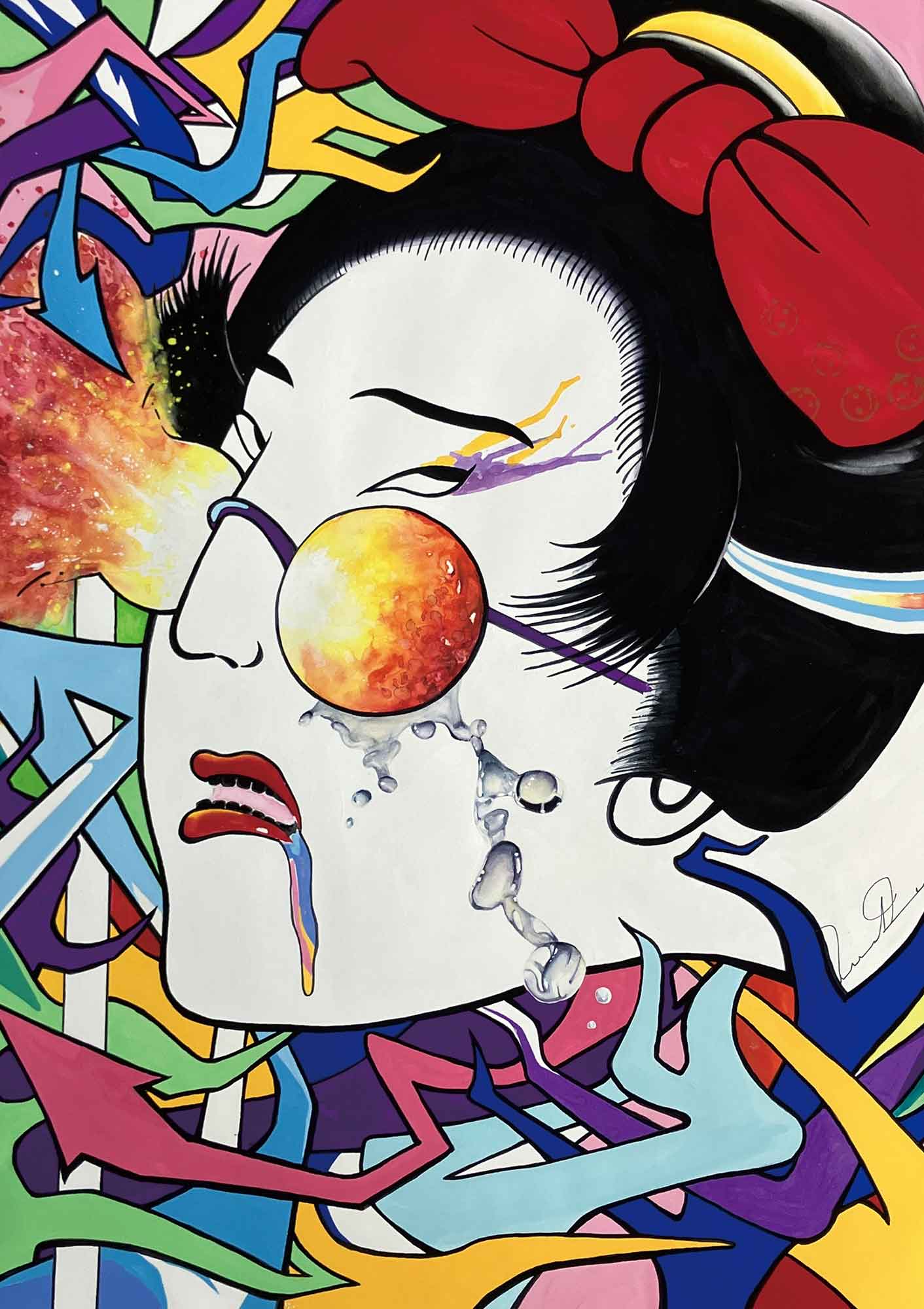 浮世絵のような女性の顔が大きくある。黒い髪を結いあげ大きな赤色のリボンをつけている。白塗りの表情は悲しげで大粒の涙がながれ、口からよだれが垂れている。鼻にかけている眼鏡は太陽の燃えるような色で左側は炎を上げている。首のまわりから頭まで、赤、青、黄、緑など鮮やかな色の矢印や曲線が絡み合っている。