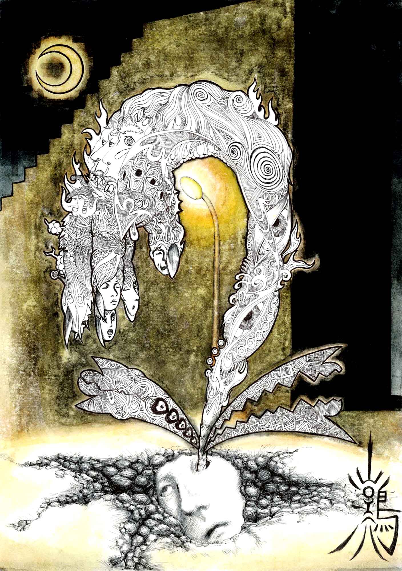作品名「闇に咲く」 黒い空と背景の左奥に三日月、その手前に空まで続きそうな階段、その手前中央に街灯が灯っている。街灯が照らす明るい地面の中央手前に黒い線で描かれた人の顔がある。地面を掘り起こしたのか表情がわかるくらいであとは埋まっている。左眼から植物が街灯を超すほど成長している。植物は黒い線でふちどられている。線の内側は幾何学模様や指紋のような渦、瞳、人の表情で埋まっている。