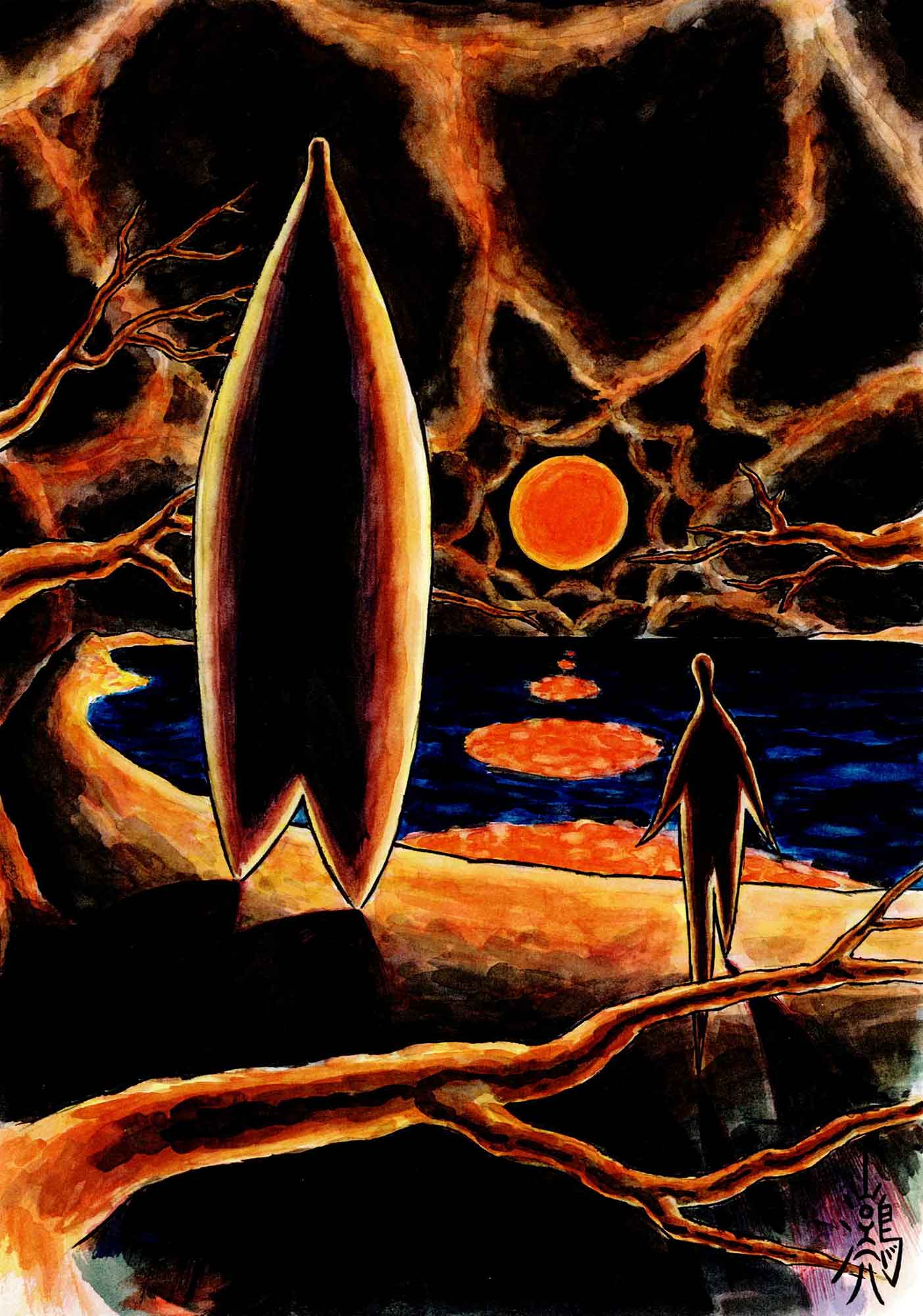 作品名「求め続けたもの」 太陽か月か、黒い空にオレンジ色の惑星があり手前の水面に写っている。惑星の周りにオレンジ色の光が放射されているのか。手前の大きな木の枝に並んでいる人間のような姿をしたものの影が二つできている。