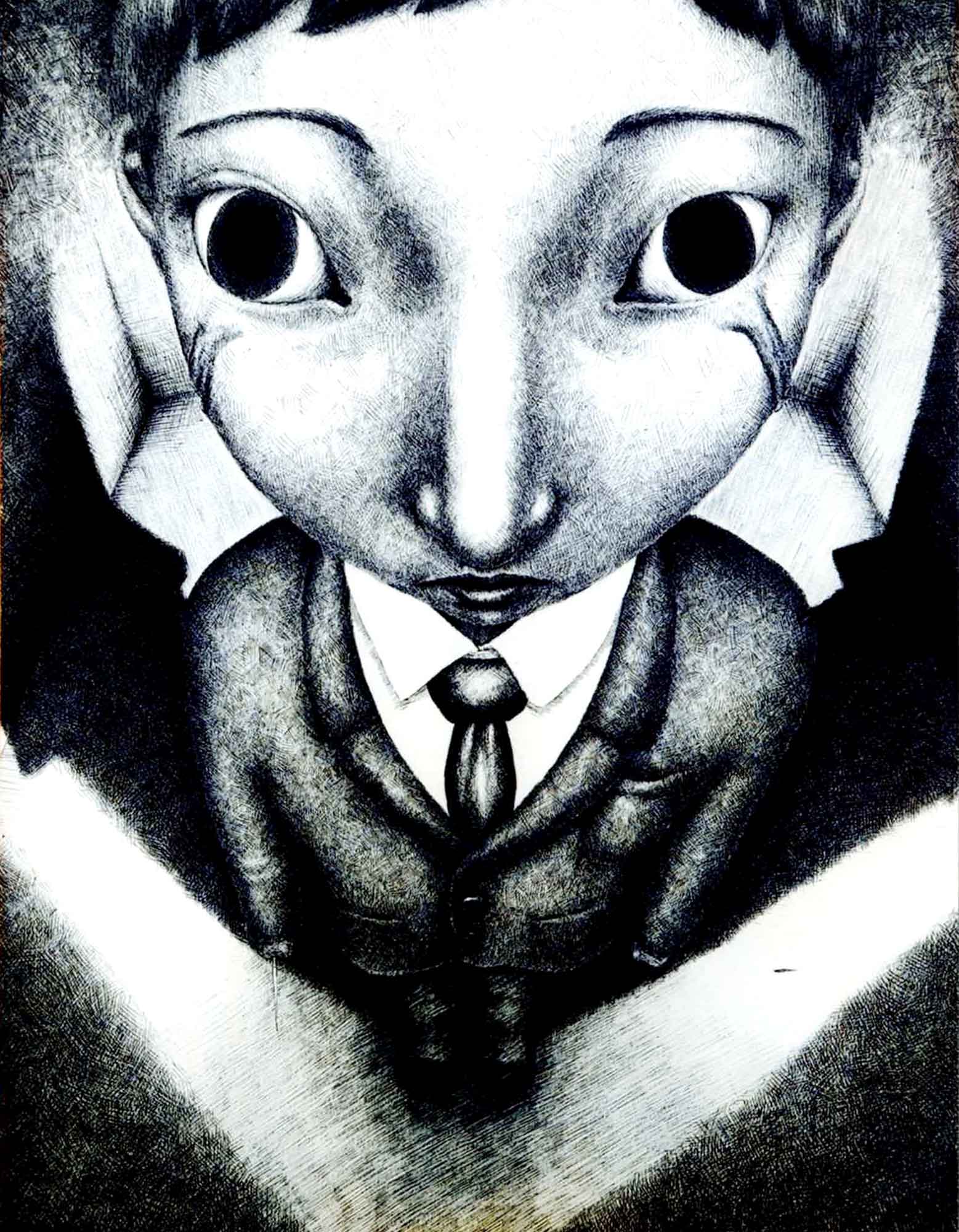無題 黒色で表現されている。スーツを着た人が正面を向いて立っている。少し見上げ大きな両目から涙を流している。足元から頭へ向かって逆三角形のようなバランスである。両肩から左右に影が伸びている。