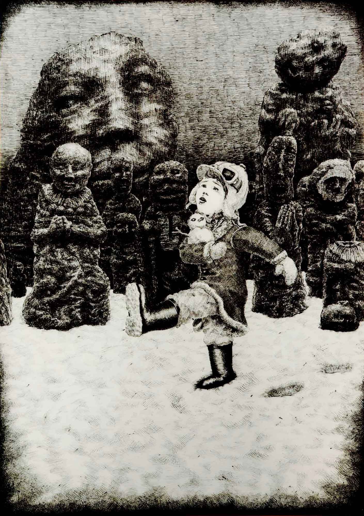 無題 黒色で表現されている。雪の上を子供が雪だるまを抱えて左向きに歩いている。雪に足跡がある。子供の後ろに石像がたくさん建っている。子供より小さい石像もあれば子供の二倍以上ありそうな石像もある。穏やかな顔で手を合わせている石像、ゆがんだ表情の石像、帽子をかぶっているような石像、頭が落ちている石像、いろいろある。