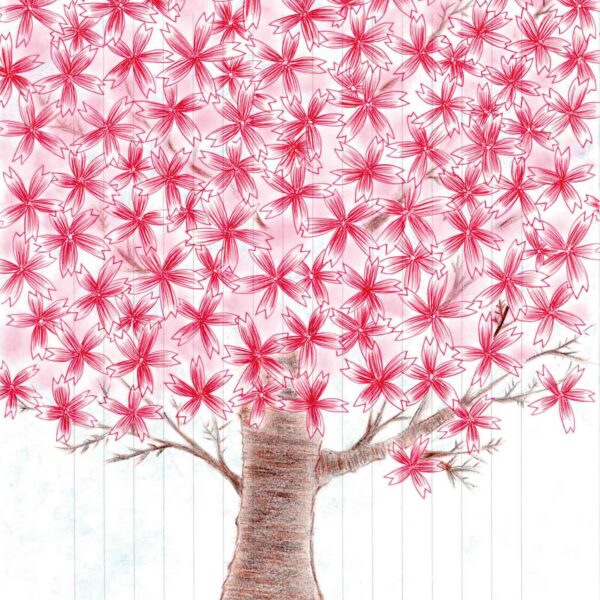 細い罫線のある便箋に、大きく桜の木が描かれています。縦置きの用紙の上方3分の2は、1輪ずつ丁寧に描かれた桜の花で埋め尽くされています。1つひとつの花にはグラデーションが入っていて、中央部の赤に近いピンクから、花びらの先は白色に移り変わります。しっかりと根をはった木の幹は、茶色の塗り分けで表現されています。