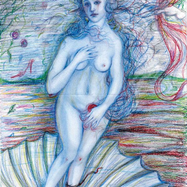色鉛筆で描かれた縦置きの絵画です。赤を基調として黄色・緑・青色の海の上に大きな貝殻があり、その上に裸の女性が立っています。美の女神・ヴィーナスのようです。青一色のグラデーションで描かれた女性の左足には、鎖や植物のつるのようなものが巻き付いています。長い髪は青・黒・赤・黄色の線で描かれていて、風にあおられています。女性の両目からは、赤い涙が流れています。海の向こうには、緑の山々が少しだけ覗いています。女性の顔の右側には、人間の右手が赤い線で描かれた細長い透明な布の様なものを持っています。左側には、薔薇が３輪描かれています。