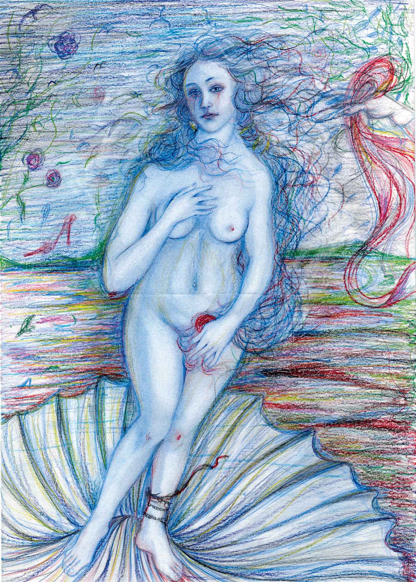 色鉛筆で描かれた縦置きの絵画です。赤を基調として黄色・緑・青色の海の上に大きな貝殻があり、その上に裸の女性が立っています。美の女神・ヴィーナスのようです。青一色のグラデーションで描かれた女性の左足には、鎖や植物のつるのようなものが巻き付いています。長い髪は青・黒・赤・黄色の線で描かれていて、風にあおられています。女性の両目からは、赤い涙が流れています。海の向こうには、緑の山々が少しだけ覗いています。女性の顔の右側には、人間の右手が赤い線で描かれた細長い透明な布の様なものを持っています。左側には、薔薇が３輪描かれています。