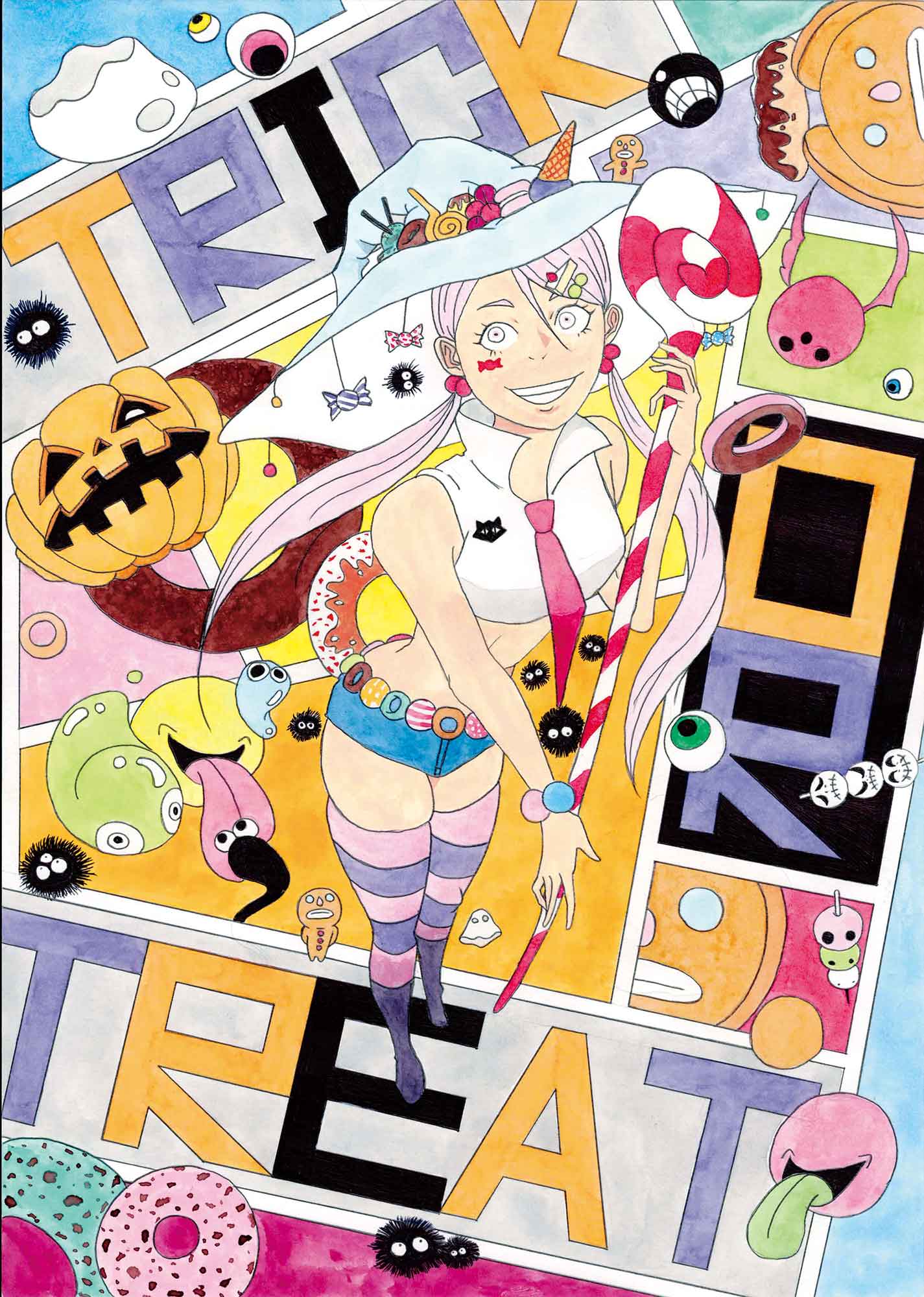 縦長の用紙の中央に、魔女の帽子をかぶって杖をもった女の子が描かれています。裾が短いノースリーブのシャツにショートパンツ、膝上まであるボーダーの靴下を履いています。女の子を囲むように「TRICK OR TREAT」とカラフルな文字があり、かぼちゃのジャックオランタンやスライム、まっくろくろすけやお菓子が描かれています。