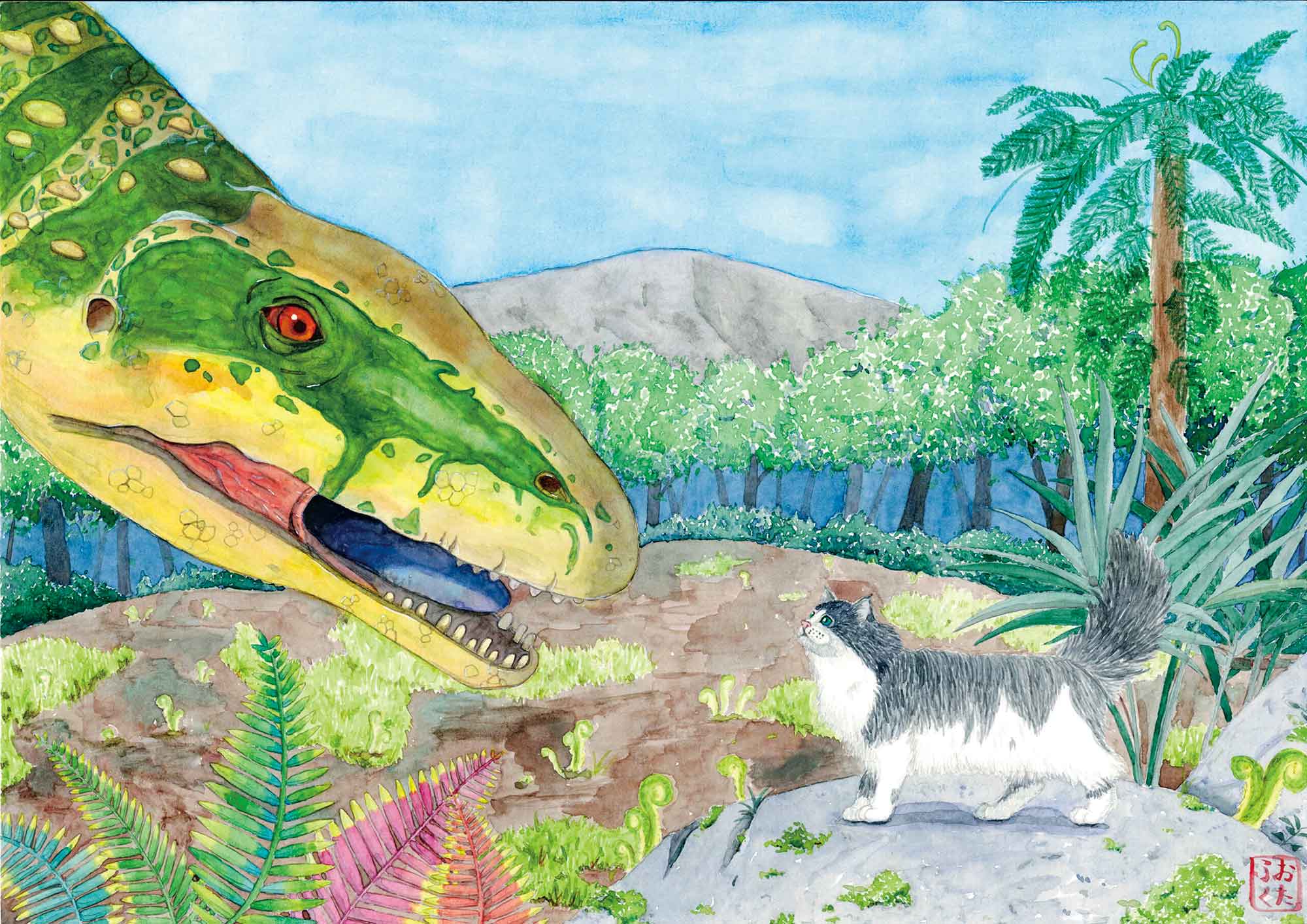 後方に山がある、森の中の空き地が舞台の絵です。横置きの画面の右側にネコが、左側に恐竜がいて、見つめ合っています。右側のネコは黒と白の毛がふさふさとしていて、尻尾が立っています。恐竜は大きく、顔の部分しか描かれていません。緑色の縞模様で、赤い目をしています。周囲にはシダ植物やコケが生えています。