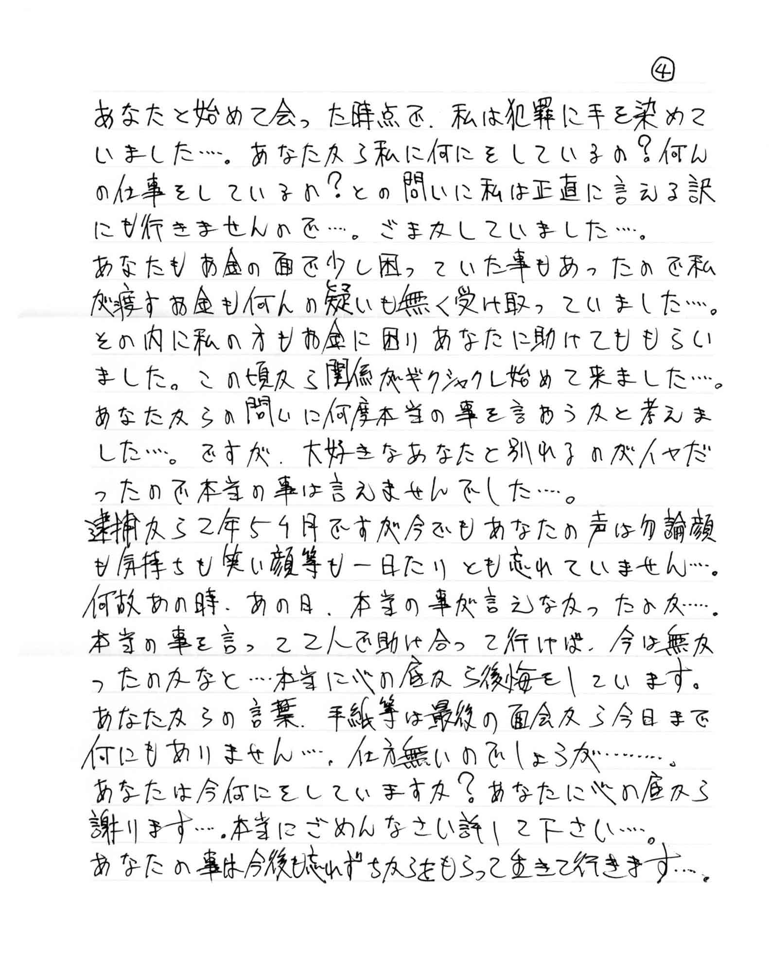 あなたと初めて会った時点で、私は犯罪に手を染めていました……。あなたから私に何をしているの？何の仕事をしているの？との問いに私は正直に言える訳 にも行きませんので……。 ごまかしていました……。 あなたもお金の面で少し困っていた事もあったので私が渡すお金も何の疑いも無く受け取っていました……。その内に私の方もお金に困りあなたに助けてももらいました。この頃から関係がギクシャクし始めて来ました……。あなたからの問いに何度本当の事を言おうかと考えま した……。ですが、大好きなあなたと別れるのがイヤだったので本当の事は言えませんでした……。 逮捕から2年5ヶ月ですが今でもあなたの声は勿論顔も気持ちも笑い顔等も一日たりとも忘れていません……。何故あの時、あの日、本当の事が言えなかったのが……。本当の事を言って2人で助け合って行けば、今は無かったのかなと……本当に心の底から後悔をしています。あなたからの言葉、手紙等は最後の面会から今日まで何にもありません……。仕方無いのでしょうが…………。 あなたは今何をしていますか？あなたに心の底から謝ります……。本当にごめんなさい許して下さい……。 あなたの事は今後も忘れずちからをもらって生きて行きます。