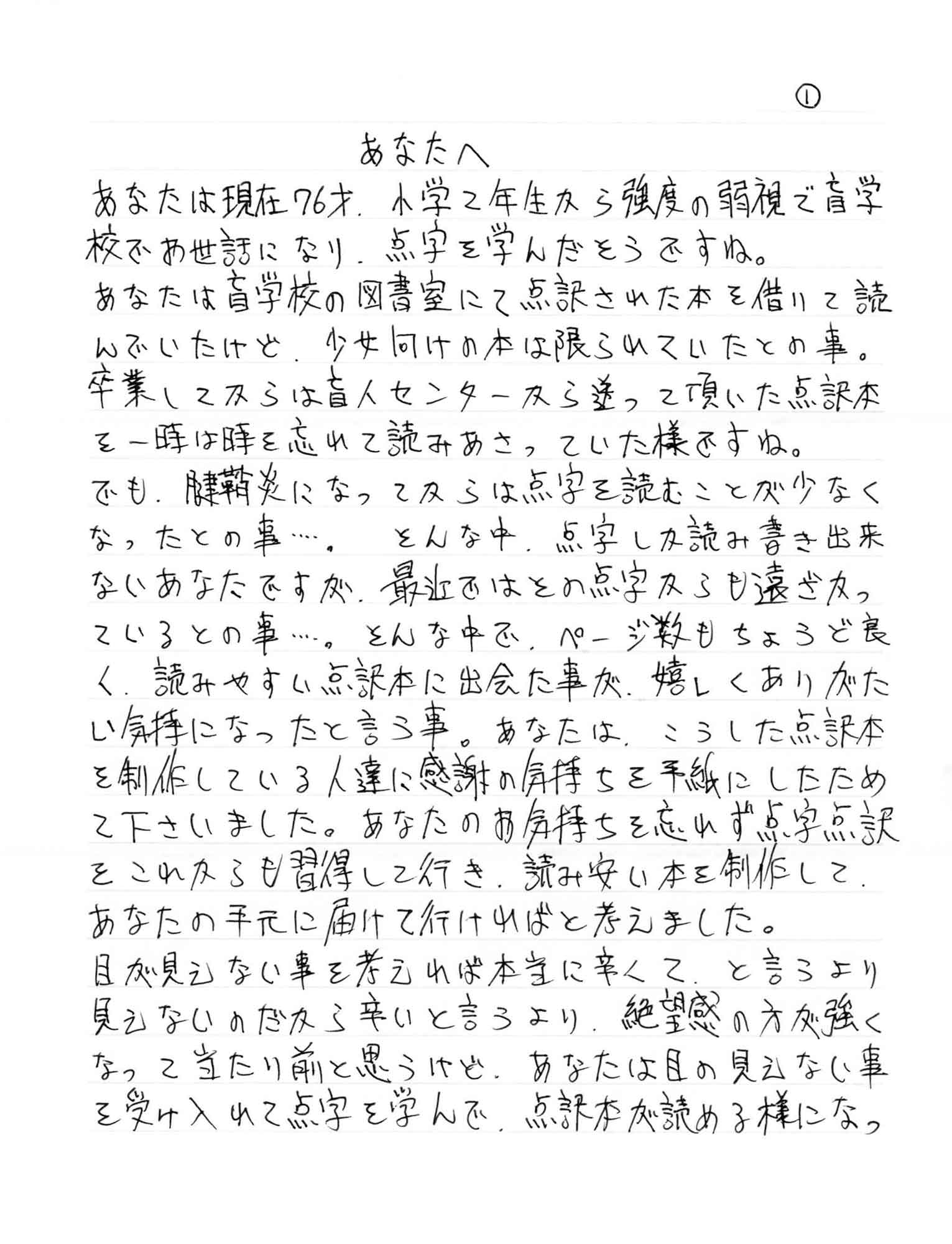 あなたは現在76才・小学2年生から強度の弱視で盲学校でお世話になり、点字を学んだそうですね。 あなたは盲学校の図書室にて点訳された本を借りて読んでいたけど、少女向けの本は限られていたとの事。 卒業してからは盲人センターから送って頂いた点訳本を一時は時を忘れて読みあさっていた様ですね。 でも、腱鞘炎になってからは点字を読むことが少なくなったとの事……。そんな中、点字しか読み書き出来ないあなたですが、最近ではその点字からも遠ざかっているとの事……。そんな中で、ページ数もちょうど良く、読みやすい点訳本に出会た事が嬉しくありがたい気持になったと言う事。あなたは、こうした点訳本を制作している人達に感謝の気持ちを手紙にしたためて下さいました。あなたのお気持ちを忘れず点字点訳をこれからも習得して行き、読みやすい本を制作して、あなたの手元に届けて行ければと考えました。 目が見えない事を考えれば本当に辛くて、と言うより見えないのだから辛いと言うより、絶望感の方が強くなって当たり前と思うけど、あなたは目の見えない事を受け入れて点字を学んで、点訳本が読める様になっ