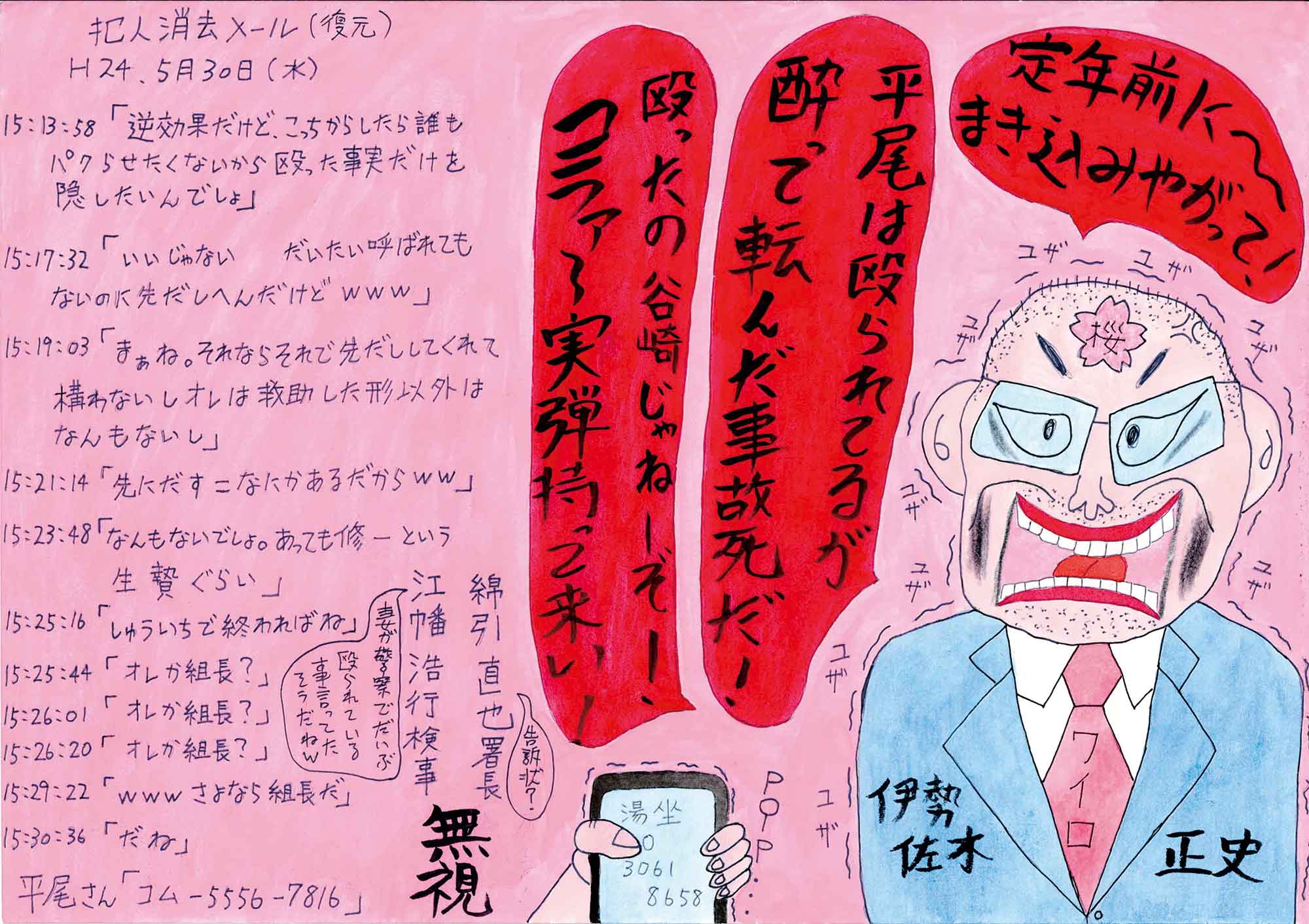 左半分に文書、右半分に絵がある。絵は刑務官の姿がある。鬼の面のような表情である。刑務官の周りにある吹き出しには暴言がある。文書は携帯電話のメールの一部である。犯人消去メール（復元）とある。