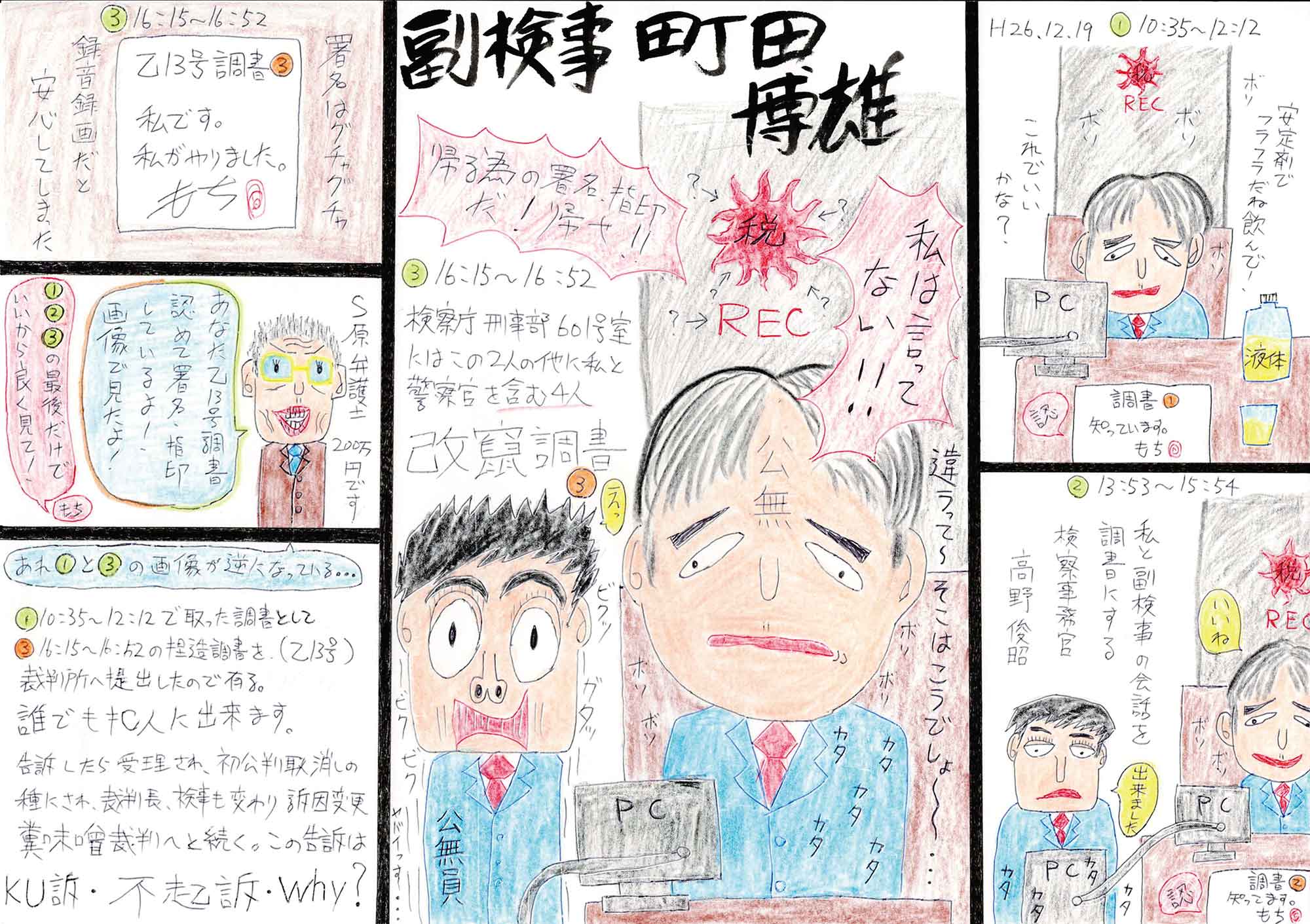 副検事と作者のやり取り、弁護士の発言が1枚に漫画で表現されている。編集されたやり取りの録画画像、改ざんされた調書がわかる文と吹き出しのセリフがある。
