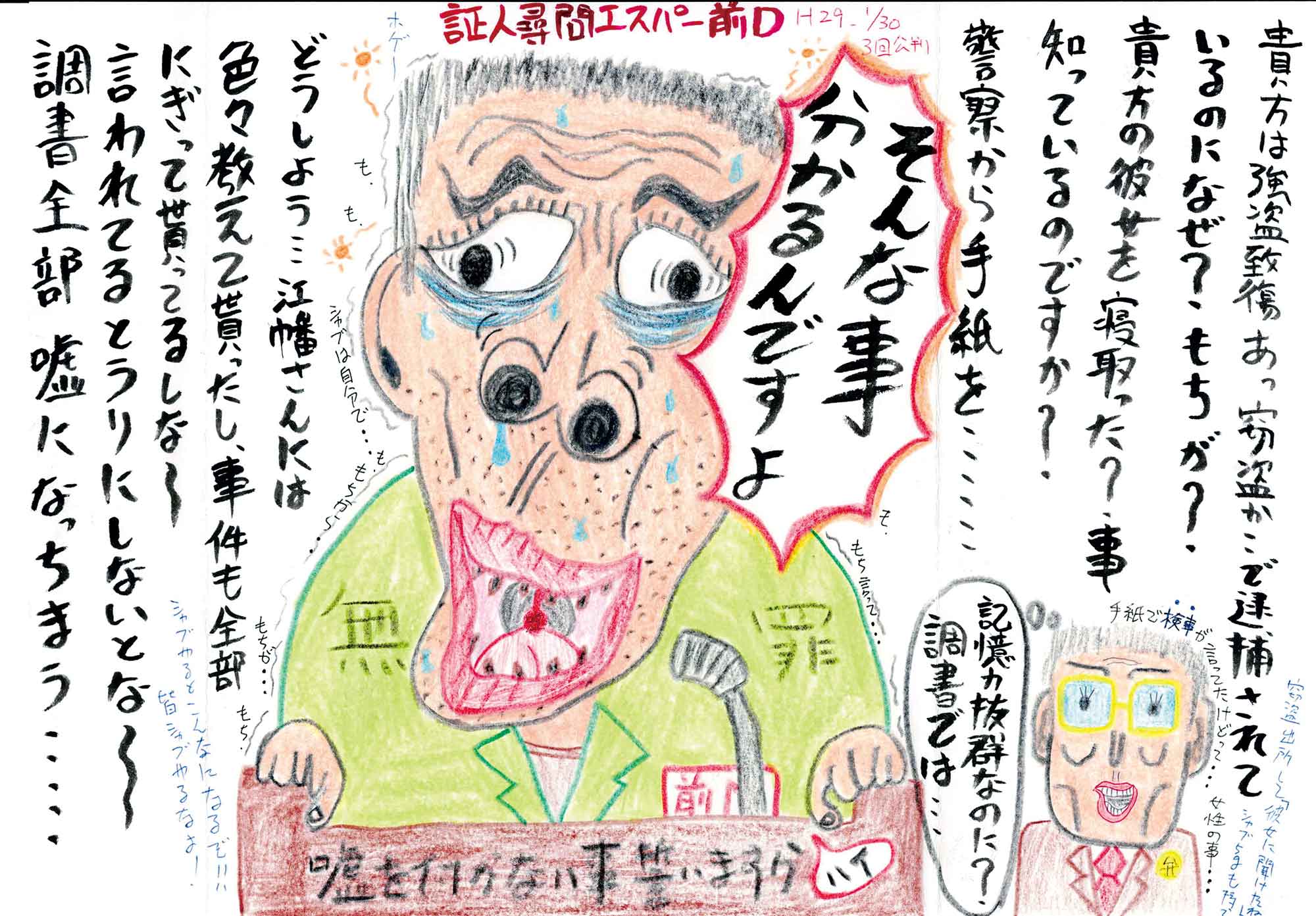 証人尋問をうける人物が中央に大きくある。表情は目と鼻と口は大きく開いている。顔の横の吹き出しには「そんな事分かるんですよ」とある。証人の着ている黄緑の服に無罪とある。手前に「嘘をつかない事誓いますか」とある。背景に疑問や迷いの言葉がたくさんある。右下に証人を見る弁護士が小さくある。