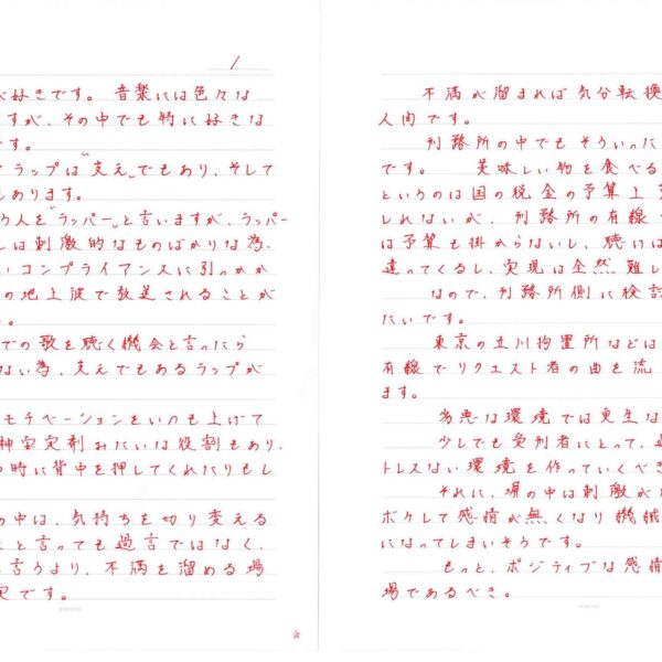 自分は音楽が好きです。音楽には色々なジャンルがありますが、その中でも特に好きなのが「ラップ」です。 　自分にとってラップは“支え”でもあり、そして人生の教訓でもあります。 　ラップを唄う人を"ラッパー"と言いますが、ラッパーが発するリアルは刺激的なものばかりな為、日本ではうるさいコンプライアンスに引っかかり、TVやラジオの地上波で放送されることが全然ありません。 　＝刑務所での歌を聴く機会と言ったらTVとラジオしかない為、支えでもあるラップが聴けません。 　歌は、人のモチベーションをいつも上げてくれ、一種の精神安定剤みたいな役割もあり、なにかを頑張る時に背中を押してくれたりもします。 　刑務所の中は、気持ちを切り変えるキッカケが皆無と言っても過言ではなく、更生する場と言うより、不満を溜める場と言うのが現実です。 　不満が溜まれば気分転換をするのが人間です。 　刑務所の中でもそういった砦を作るべきです。美味しい物を食べる、お酒を呑むというのは国の税金の予算上難しい事かもしれないが、刑務所の有線で曲を流す事は予算も掛からないし、聴けば心のあり方も違ってくるし、実現は全然難しくありません。 　なので、刑務所側に検討を求めて頂きたいです。 　東京の立川拘置所などは、拘置所内の有線でリクエスト者の曲を流す活動をしています。 　劣悪な環境では更生など出来ません。 　少しでも受刑者にとって、過しやすいストレスない環境を作っていくべきだと思います。 　それに、塀の中は刺激がなさすぎて、ムショボケして感情が無くなり機械みたいな人間になってしまいそうです。 　もっと、ポジティブな感情が生まれてくる場であるべき。