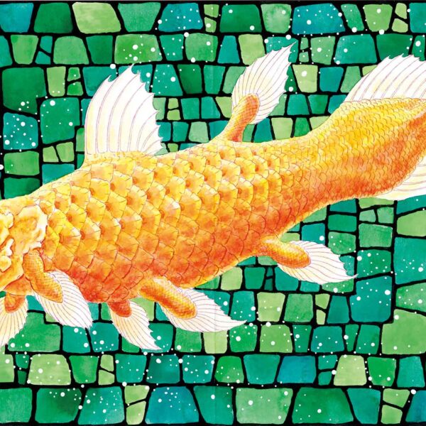 横置きの画面に、淡いオレンジ色でシーラカンスが左向きに描かれています。口を大きく開き、とがった何本もの歯が見えます。尾びれや背びれ、腹びれは白く、水の流れに沿って動いているのがわかります。シーラカンスの背景は、エメラルドグリーンの石のタイル、もしくはガラスをたくさん使ったステンドグラスのようです。