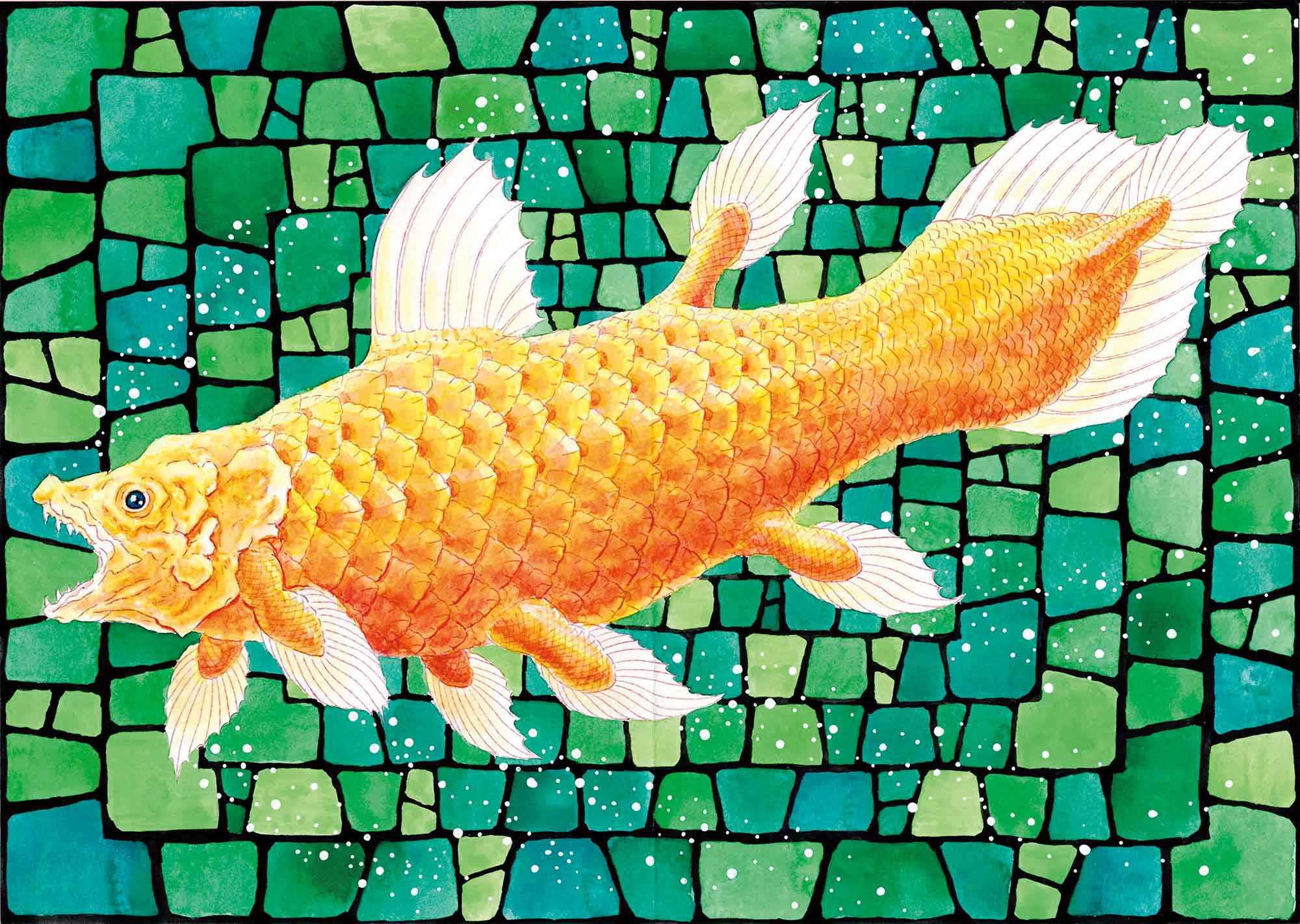 横置きの画面に、淡いオレンジ色でシーラカンスが左向きに描かれています。口を大きく開き、とがった何本もの歯が見えます。尾びれや背びれ、腹びれは白く、水の流れに沿って動いているのがわかります。シーラカンスの背景は、エメラルドグリーンの石のタイル、もしくはガラスをたくさん使ったステンドグラスのようです。