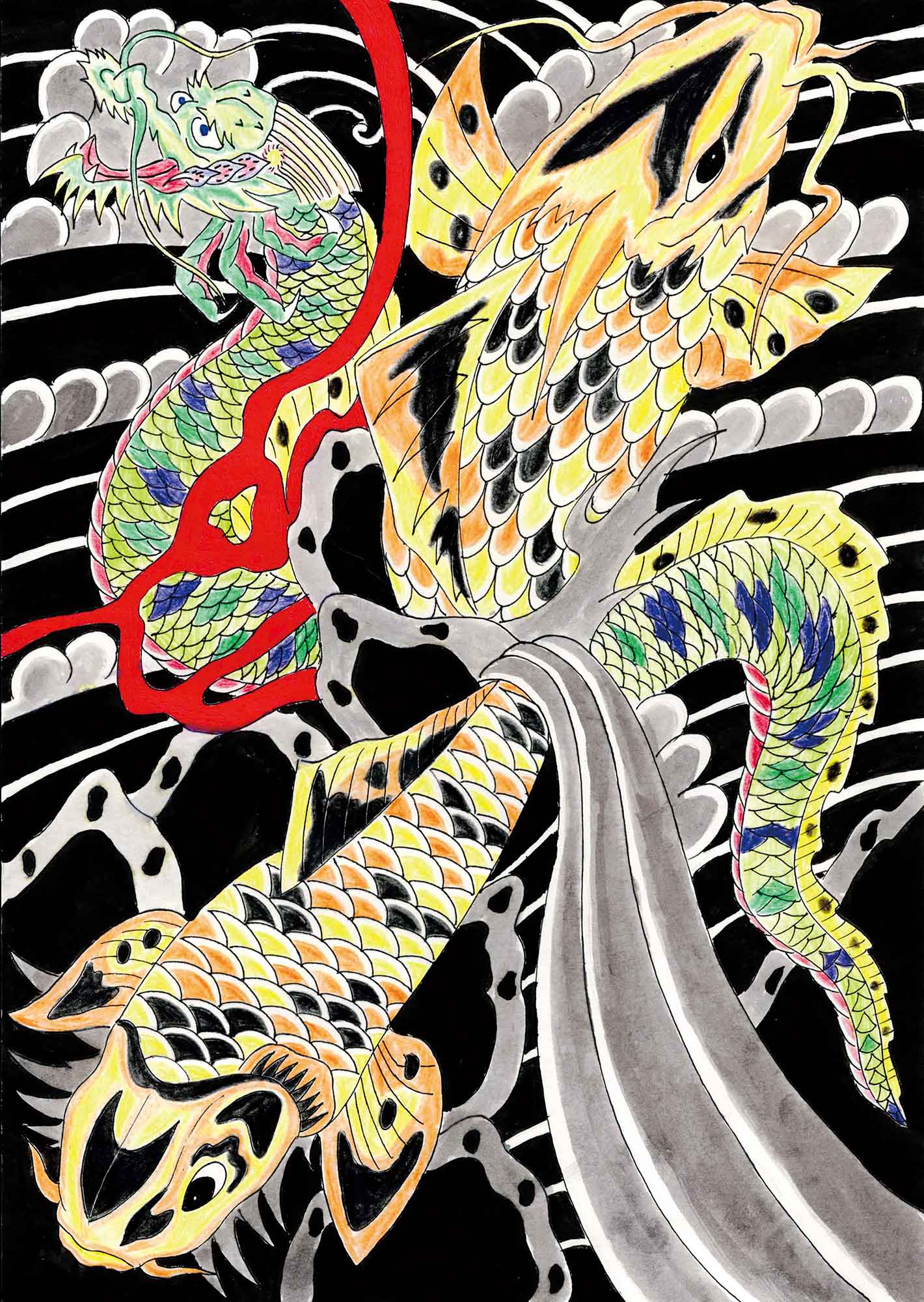 縦置きの画面の左上から右下にかけて竜が、右上と左下には鯉が1匹ずつ描かれています。竜は口を開け、上に向かって進んでいるようです。2匹の鯉は黄色と黒のまだら模様で、尾びれを立てています。背景は黒、グレーで雲の波や風の模様が描かれています。