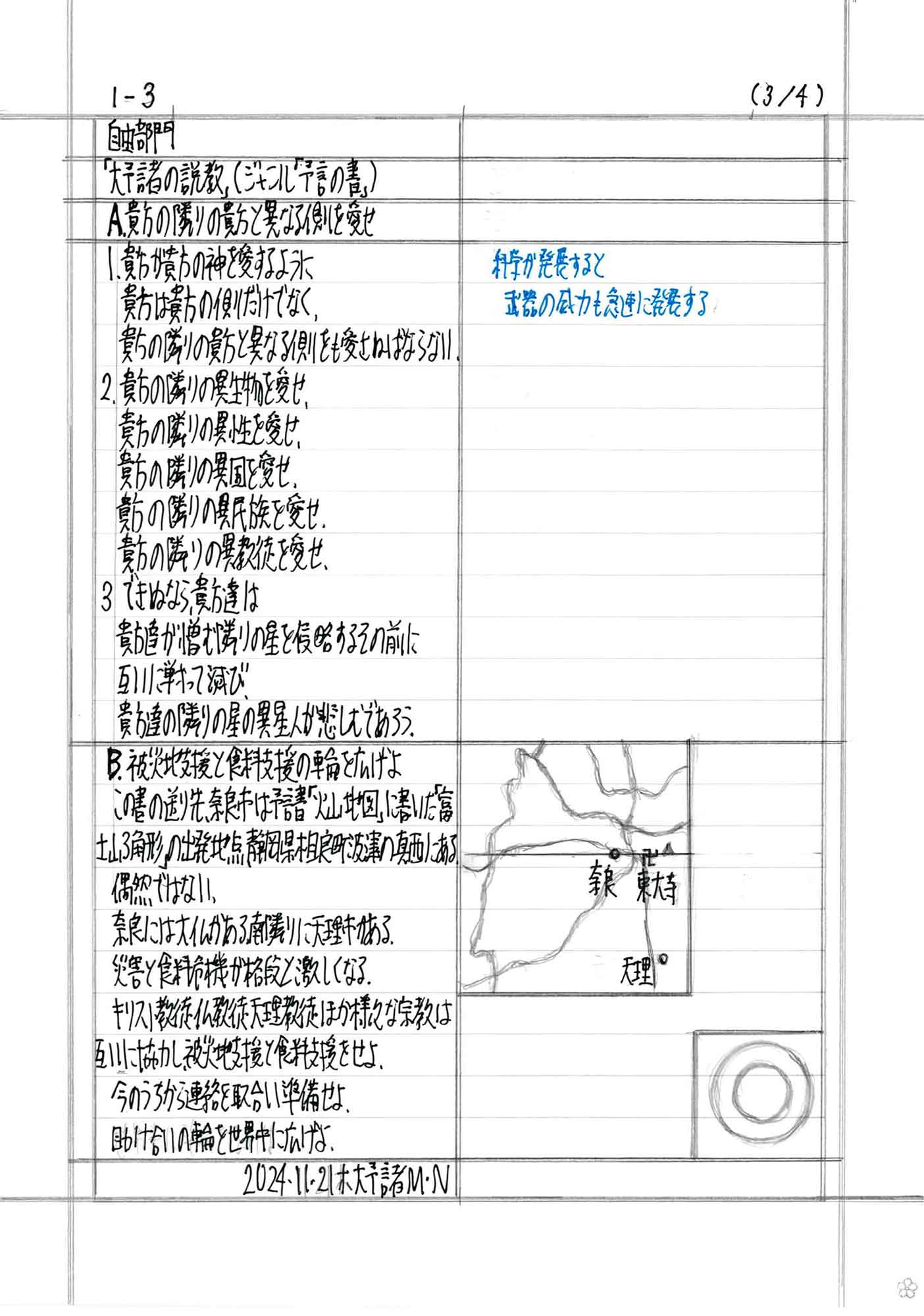 「大予言者の説教」（ジャンル「予言の書」） A．貴方の隣の貴方と異なる側を愛せ 1　貴方が貴方の神を愛するように 　貴方は貴方の側だけでなく、 　貴方の隣の貴方と異なる側をも愛さねばならない。 2　貴方の隣の異性物を愛せ。 　貴方の隣の異性を愛せ。 　貴方の隣の異国を愛せ。 　貴方の隣の異民族を愛せ。 　貴方の隣の異教徒を愛せ。 3　できぬなら、貴方達は 　貴方達が憎む隣りの星を侵略するのの前に 　互いに戦って滅び、 　貴方達の隣りの星の異星人が悲しむであろう。 B．被災地支援と食料支援の輪を広げよ 　この書の送り先、奈良市は予言書「火山地図」に書いた「富士山3角形」の出発地点、静岡県相良町波津の真西にある。 　偶然ではない。 　奈良には大仏がある、南隣りに天理市がある。 　災害と食料危機が格段と激しくなる、 　キリスト教徒仏教徒天理教徒ほか様々な宗教は互いに協力し、被災地支援と食料支援をせよ、 　今のうちから連絡を取合い準備せよ、 　助け合いの輪を世界中に広げよ。 2024・11・21・木　大予言者M・N 　科学が発展すると武器の威力も急速に発達する