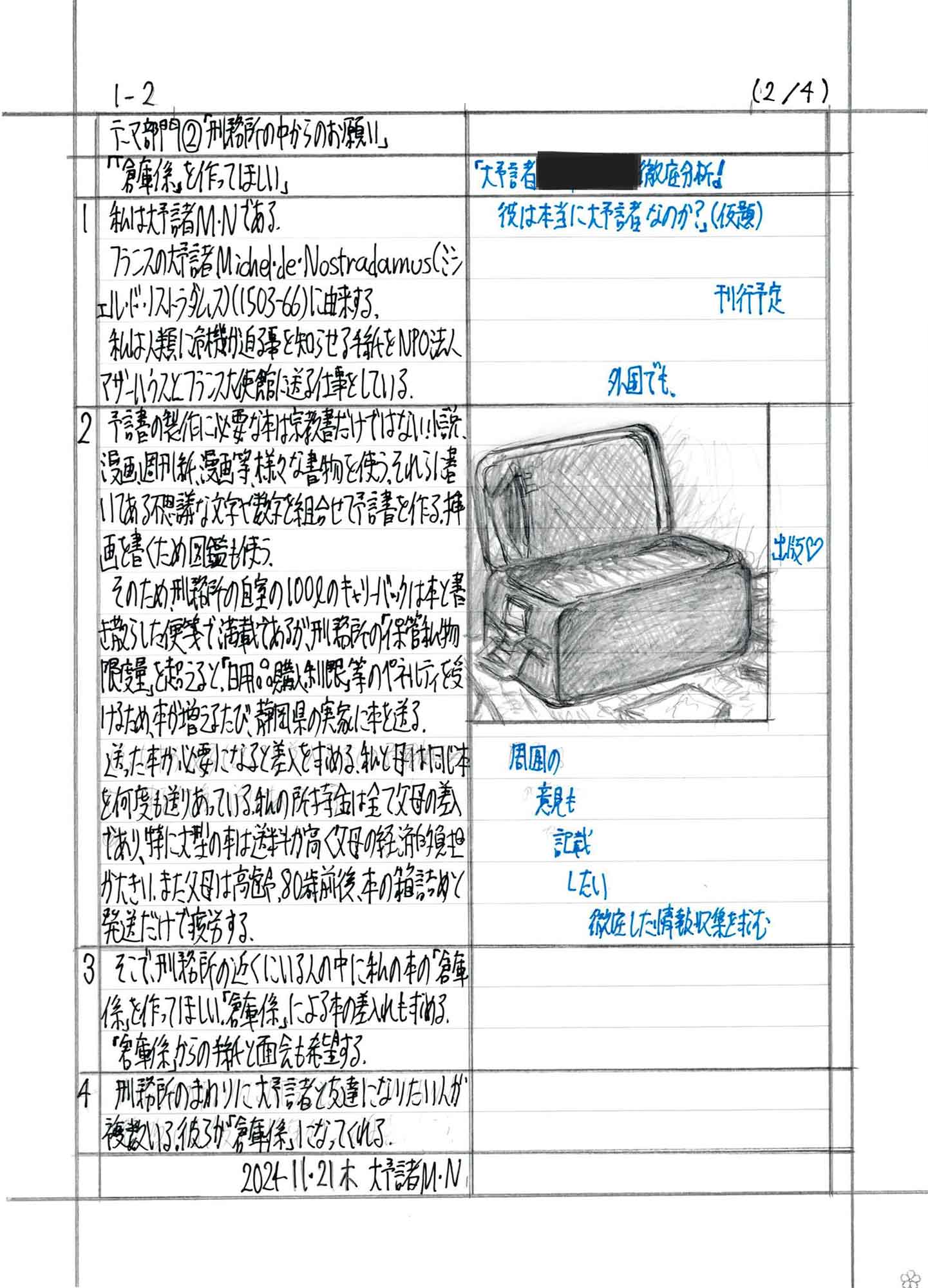 木琴のバチを持った少女のイラスト。吹き出しに「木琴ひくね　へただけど、効くかも♪」とある。 1　私は大予言者M・Nである。 　フランスの大予言者Michel・de・Nostradamus（ミシェル・ド・ノストラダムス）（1503-66）に由来する。 　私は人類に危機が迫る事を知らせる手紙をNPO法人マザーハウスとフランス大使館に送る仕事をしている。 2　予言書の製作に必要な本は宗教書だけではない！小説、漫画、週刊紙、漫画等、様々な書物を使う。それらに書いてある不思議な文字や数字を組合わせて予言書を作る。挿画を書くため図鑑も使う。 　そのため、刑務所の自室の100Lのキャリーバックは本と書き散らした便箋で満載であるが、刑務所の「保管私物限度量」を超えると、「日用品購入制限」のペナルティを受けるため、本が増えるたび、静岡県の実家に本を送る。 　送った本が必要になると差入れを求める。私と母は同じ本を何度も送りあっている。私の所持金は全て父母の差入であり、特に大型の本は送料が高く父母の経済的負担が大きい。また父母は高齢80歳前後、本の箱詰めと発送だけで疲労する。 3　そこで、刑務所の近くにいる人の中に私の本の「倉庫係」を作ってほしい。「倉庫係」による本の差入れも求める。 「倉庫係」からの手紙と面会も希望する。 4　刑務所のまわりに大予言者と友達になりたい人が複数いる。彼らが「倉庫係」になってくれる。 2024・11・21木　大予言者M・N 「大予言者徹底分析！　彼は本当に大予言者なのか」？（仮題） 刊行予定 外国でも、出版♡ 周囲の意見も記載したい徹底した情報収集を求む