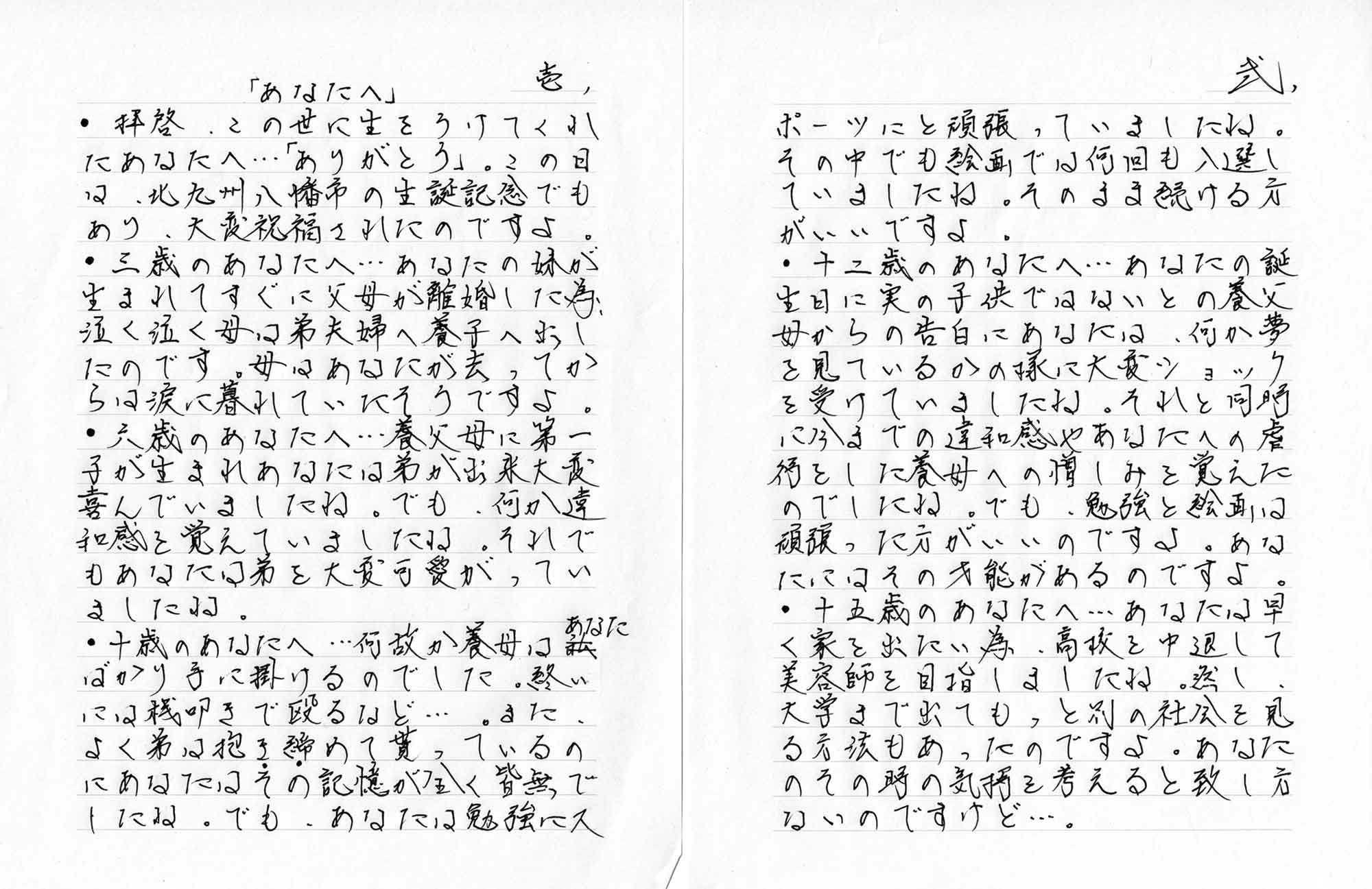 ・拝啓、この世に生をうけてくれたあなたへ…「ありがとう」。この日は、北九州八幡市の生誕記念でもあり、大変祝福されたのですよ。 ・三歳のあなたへ…あなたの妹が生まれてすぐに父母が離婚した為、泣く泣く母は弟夫婦へ養子へ出したのです。母はあなたが去ってからは涙に暮れていたそうですよ。 ・六歳のあなたへ…養父母に第一子が生まれあなたは弟が出来大変喜んでいましたね。でも、何か違和感を覚えていましたね。それでもあなたは弟を大変可愛がっていましたね。 ・十歳のあなたへ…何故か養母はあなたばかり手に掛けるのでした。終いには桟叩きで殴るなど…。また、よく弟は抱き締めて貰っているのにあなたはその記憶が全く皆無でしたね。でも、あなたは勉強にスポーツにと頑張っていましたね。その中でも絵画では何回も入選していましたね。そのまま続ける方がいいですよ。 ・十二歳のあなたへ…あなたの誕生日に実の子供ではないとの養父母からの告白にあなたは、何か夢を見ているかの様に大変ショックを受けていましたね。それと同時に今での違和感やあなたへの虐待をした養母への憎しみを覚えたのでしたね。でも、勉強と絵画は頑張った方がいいのですよ。あなたにはその才能があるのですよ。 ・十五歳のあなたへ…あなたは早く家を出たい為、高校を中退して美容師を目指しましたね。然し、大学まで出てもっと別の社会を見る方法もあったのですよ。あなたのその時の気持を考えると致し方ないのですけど…。