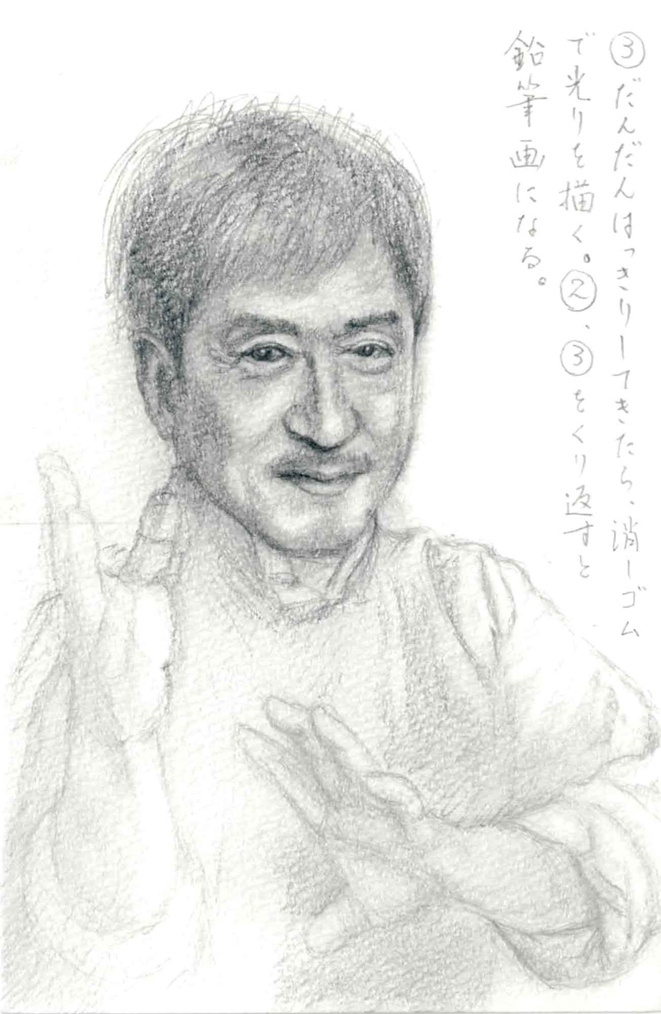 ③だんだんはっきりしてきたら、消しゴムで光を描く。②、③をくり返すと鉛筆画になる。