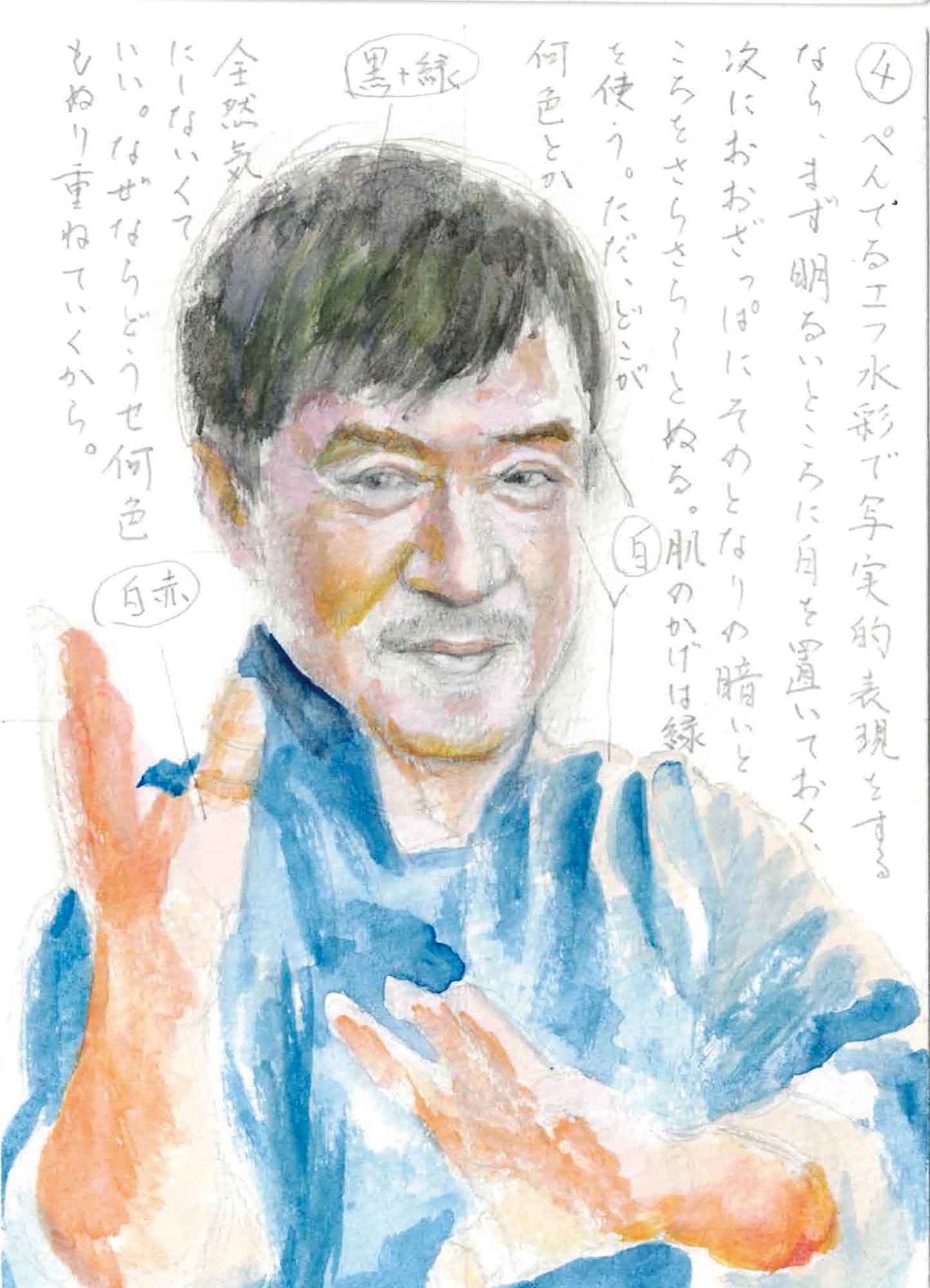 ④ぺんてるエフ水彩で写実的表現をするなら、まず明るいところに白を置いておく、次におおざっぱにそのとなりの暗いところをさらさらとぬる。肌のかげは緑を使う。ただ、どこが何色とか全然気にしなくていい。なぜならどうせ何色もぬり重ねていくから。