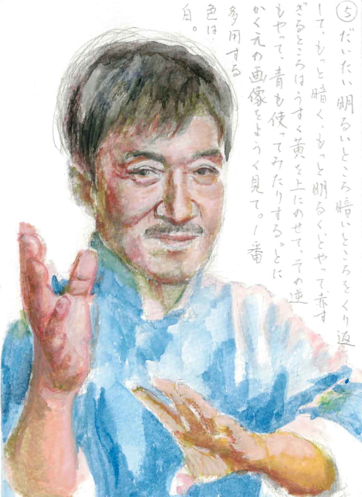 ⑤だいたい明るいところ暗いところをくり返して、もっと暗く、もっと明るく、とやって、赤すぎるところはうすく黄を上にのせて、その逆もやって、青も使ってみたりする。とにかく元の画像をようく見て。1番多用する色は白。