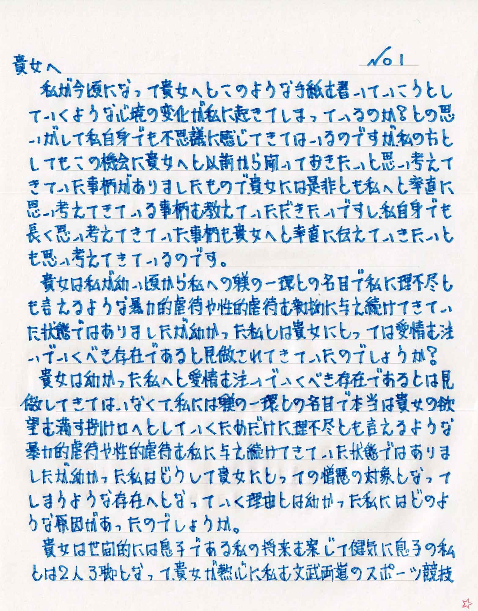 私が今頃になって貴女へとこのような手紙を書いていこうとしていくような心境の変化が私に起きてしまっているのか？との思いがして私自身でも不思議に感じてきてはいるのですが、私の方としてもこの機会に貴女へと以前から聞いておきたいと思い考えてきていた事柄がありましたもので、貴女には是非とも私へと率直に思い考えてきている事柄を教えていただきたいですし、私自身でも長く思い考えてきていた事柄も貴女へと率直に伝えていきたいとも思い考えてきているのです。 　貴女は私が幼い頃から私への躾の一環との名目で私に理不尽とも言えるような暴力的虐待や性的虐待を執拗に与え続けてきていた状態ではありましたが幼かった私とは貴女にとっては愛情を注いでいくべき存在であると見做されてきていたのでしょうか？ 　貴女は幼かった私へと愛情を注いでいくべき存在であるとは見做してきてはいなくて、私には躾の一環との名目で本当は貴女の欲望を満たす捌け口へとしていくためだけに理不尽とも言えるような暴力的虐待や性的虐待を私に与え続けてきていた状態ではありましたが、幼かった私はどうして貴方にとっての憎悪の対象となってしまうような存在へとなっていく理由とは幼かった私にはどのような原因があったのでしょうか。 　貴女は世間的には息子である私の将来を案じて健気に息子の私とは2人3脚となって、貴女が熱心に私を文武両道のスポーツ競技