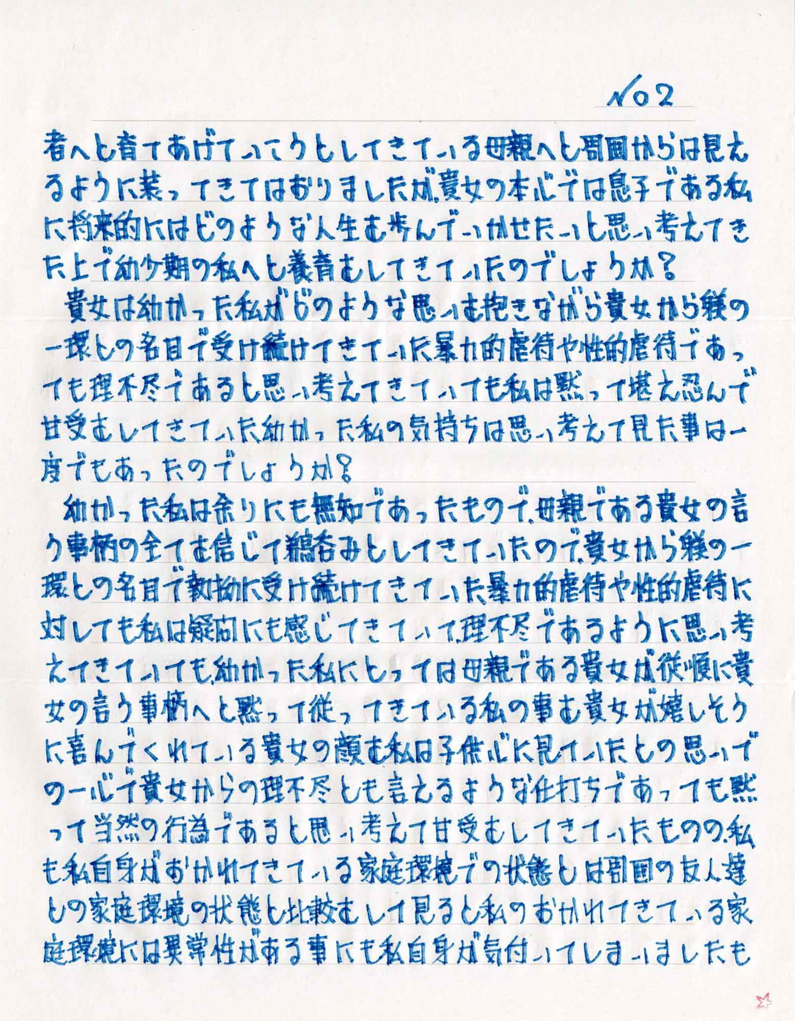 者へと育てあげていこうとしてきている母親へと周囲からは見えるように装ってきてはおりましたが、貴女の本心では息子である私に将来的にはどのような人生を歩んでいかせたいと思い考えてきた上で幼少期の私へと養育をしてきていたのでしょうか？ 　貴女は幼かった私がどのような思いを抱きながら貴女から躾の一環との名目で受け続けてきていた暴力的虐待や性的虐待であっても理不尽であると思い考えてきていても私は黙って堪え忍んで甘受をしてきていた幼かった私の気持ちは思い考えて見た事は一度でもあったのでしょうか？ 　 幼かった私は余りにも無知であったもので、母親である貴女の言う事柄の全てを信じて鵜呑みとしてきていたので、貴女から躾の一環との名目で執拗に受け続けてきていた暴力的虐待や性的虐待に対しても私は疑問にも感じてきていて、理不尽であるように思い考えてきていても、幼かった私にとっては母親である貴女が従順に貴女の言う事柄へと黙って従ってきている私の事を貴女が嬉しそうに喜んでくれている貴女の顔を私は子供心に見ていたとの思いでの一心で貴女からの理不尽とも言えるような仕打ちであっても黙って当然の行為であると思い考えて甘受をしてきていたものの、私も私自身がおかれてきている家庭環境での状態とは周囲の友人達との家庭環境の状態と比較をして見ると私のおかれてきている家庭環境には異常性がある事にも私自身が気付いてしまいましたも