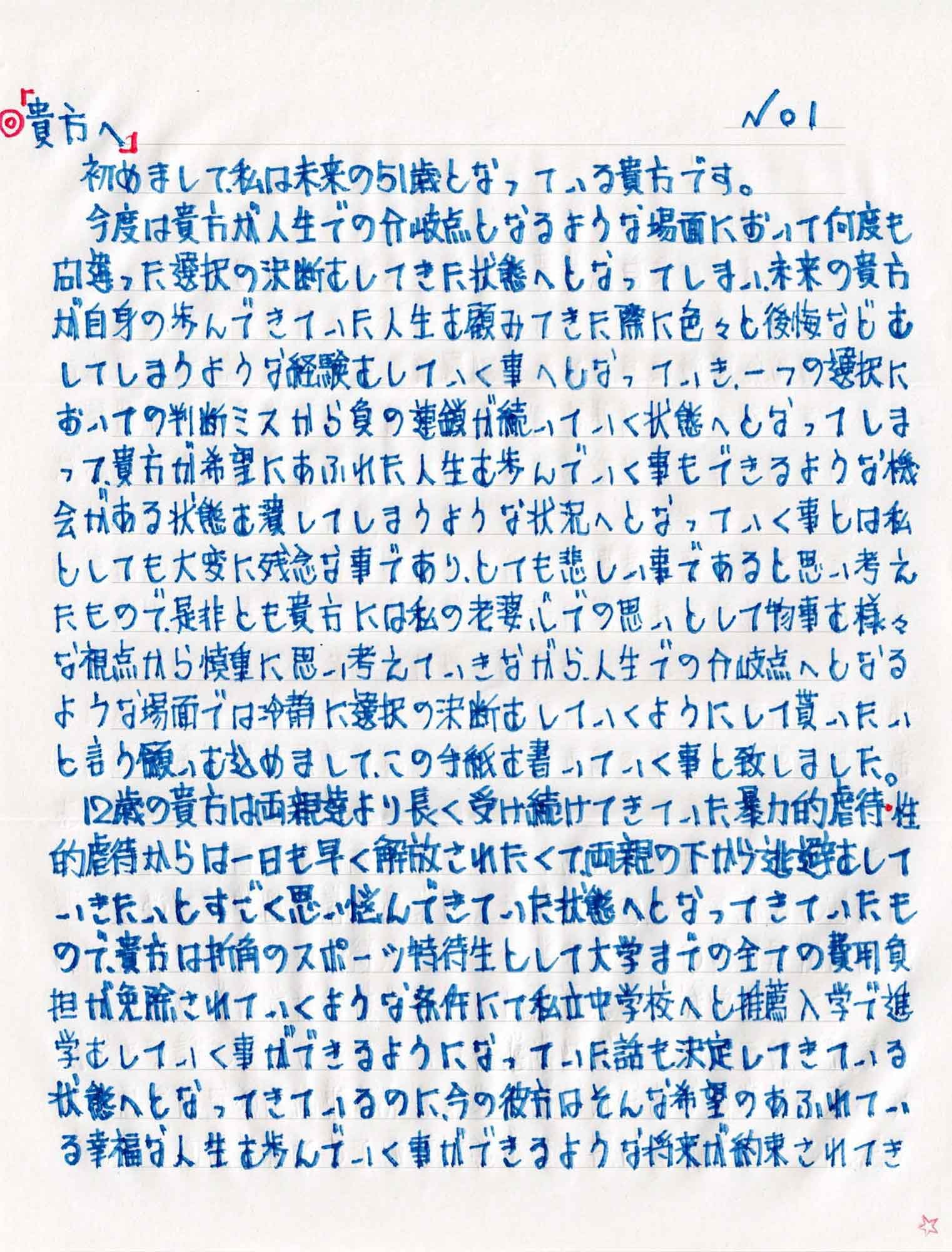 初めまして、私は未来の51歳となっている貴方です。 　今度は貴方が人生での分岐点となるような場面において何度も間違った選択の決断をしてきた状態へとなってしまい、未来の貴方が自身の歩んできていた人生を顧みてきた際に色々と後悔などをしてしまうような経験をしていく事へとなっていき、一つの選択においての判断ミスから負の連鎖が続いていく状態へとなってしま って、貴方が希望にあふれた人生を歩んでいく事もできるような機会がある状態を潰してしまうような状況へとなっていく事とは私としても大変に残念な事であり、とても悲しい事であると思い考えたもので、是非とも貴方には私の老婆心での思いとして物事を様々な視点から慎重に思い考えていきながら、人生での分岐点へとなるような場面では冷静に選択の決断をしていくようにして貰いたいと言う願いを込めまして、この手紙を書いていく事と致しました。 　12歳の貴方は両親達より長く受け続けてきていた暴力的虐待・性的虐待からは一日も早く解放されたくて、両親の下から逃避をしていきたいとすごく思い悩んできていた状態へとなってきていたも ので、貴方は折角のスポーツ特待生として大学までの全ての費用負担が免除されていくような条件にて私立中学校へと推薦入学で進学をしていく事ができるようになっていた話も決定してきている状態へとなってきているのに、今の彼方はそんな希望のあふれている幸福な人生を歩んでいく事ができるような将来が約束されてき