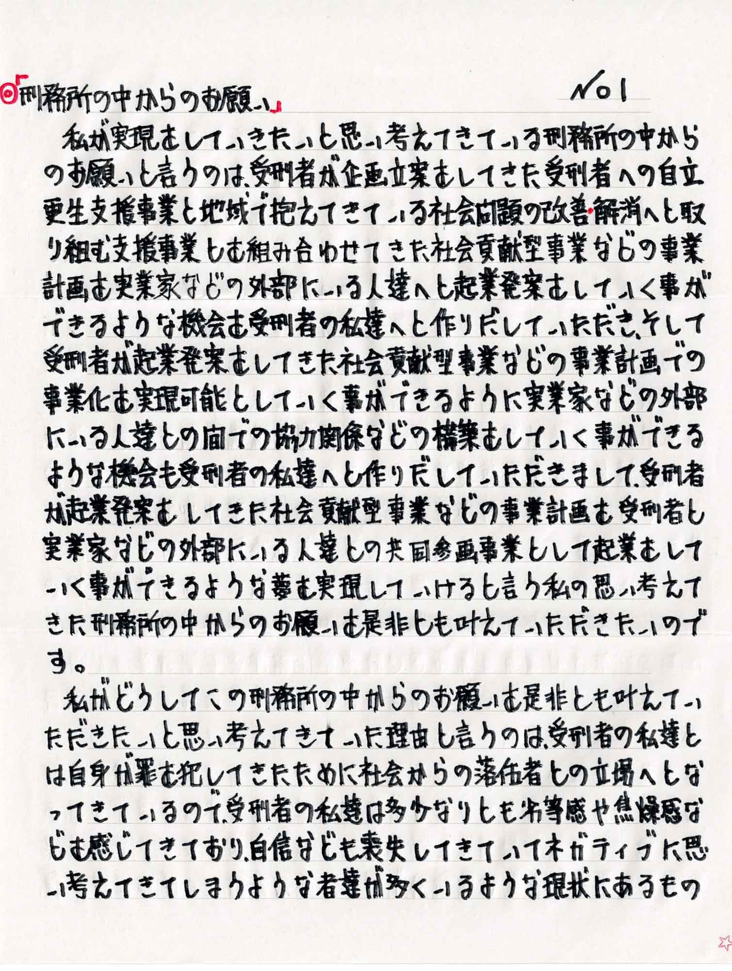私が実現をしていきたいと思い考えてきている刑務所の中からのお願いと言うのは、受刑者が企画立案をしてきた受刑者への自立更生支援事業と地域で抱えてきている社会問題の改善・解消へと取り組む支援事業とを組み合わせてきた社会貢献型事業などの事業計画を実業家などの外部にいる人達へと起業発案をしていく事ができるような機会を受刑者の私達へと作りだしていただき、そして受刑者が起業発案をしてきた社会貢献型事業などの事業計画での事業化を実現可能としていく事ができるように実業家などの外部にいる人達との間での協力関係などの構築をしていく事ができる ような機会も受刑者の私達へと作りだしていただきまして、受刑者が起業発案をしてきた社会貢献型事業などの事業計画を受刑者 実業家などの外部にいる人達との共同参画事業として起業をしていく事ができるような夢を実現していけると言う私の思い考えてきた刑務所の中からのお願いを是非とも叶えていただきたいのです。 　私がどうしてこの刑務所の中からのお願いを是非とも叶えていただきたいと思い考えてきていた理由と言うのは、受刑者の私達とは自身が罪を犯してきたために社会からの落伍者との立場へとなってきているので、受刑者の私達は多少なりとも劣等感や焦燥感などを感じてきており、自信なども喪失してきていてネガティブに思い考えてきてしまうような者達が多くいるような現状にあるもの