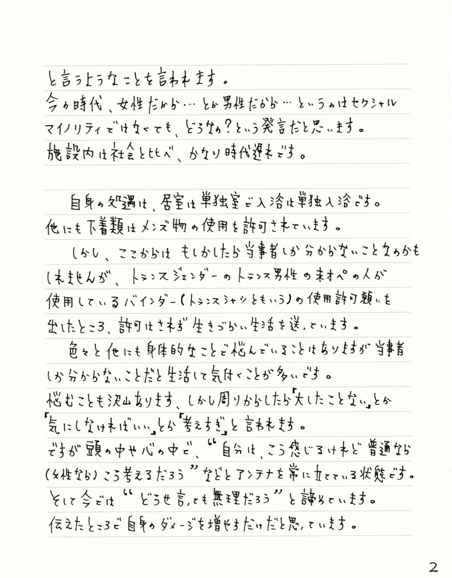と言うようなことを言われます。 今の時代、女性だから…とか男性だから…というのはセクシャルマイノリティではなくても、どうなの？という発言だと思います。 施設内は社会と比べ、かなり時代遅れです。 　自身の処遇は、居室は単独室で入浴は単独入浴です。 他にも下着類はメンズ物の使用を許可されています。 　しかし、ここからはもしかしたら当事者しか分からないことなのかもしれませんが、トランスジェンダーのトランス男性の未オペの人が使用しているバインダー（トランスシャツともいう）の使用許可願いを出したところ、許可はされず生きづらい生活を送っています。 　色々と他にも身体的なことで悩んでいることはありますが当事者しか分からないことだと生活して気付くことが多いです。 悩むことも沢山あります、しかし周りからしたら「大したことない」とか「気にしなければいい」とか「考えすぎ」と言われます。 ですが頭の中や心の中で、＂自分は、こう感じるけれど普通なら（女性なら）こう考えるだろう＂などとアンテナを常に立てている状態です。 そして今では＂どうせ言っても無理だろう＂と諦めています。 伝えたところで自身のダメージを増やすだけだと思っています。