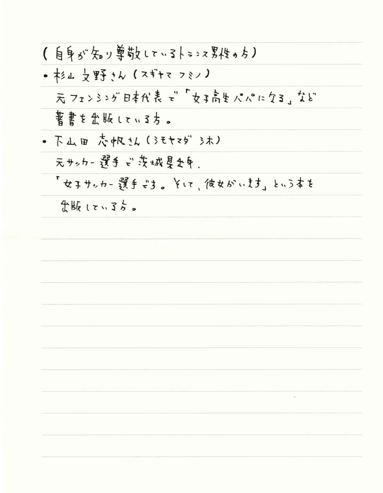（自身が知り尊敬しているトランス男性の方） ・杉山文野さん（スギヤマ フミノ） 　元フェンシング日本代表で「女子高生パパになる」など著書を出版している方。 ・下山田 志帆さん（シモヤマダ　シホ） 　元サッカー選手で茨城県出身 「女子サッカー選手です。そして、彼女がいます」という本を出版している方。