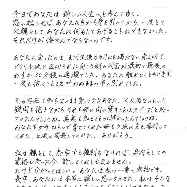 今日であなたは、新しい人生へと歩んでゆく。 思い起こせば、あなたたちから身を引いてから、一度とて父親としてあなたに何もしてあげることができなかった。 それだけが悔やんでならないのです。 あなたに会ったのは、まだ生後3ヵ月にも満たない赤ん坊で、アクリル板に区切られた向こう側の対面が最初で最後のわずか30分程の逢瀬でした。あなたに触れることもできず、 一度も抱くことさえ叶わぬままの辛い別れでした。 父の存在を知らないまま育ってきたあなた。父が居ないという疑問を抱きながらそれを母に問い質すことはタブーだと思っていたんでしょうね。真実を知ることが怖かったんでしょうね。 あなたを女手ひとつで育ててくれた母を立派に支え孝行してくれた、立派に成長してくれた。ありがとう。 私は親として、忠告する権利もなければ、身内としての資格も失った今、許してくれとも云えません。 だけど分かってほしい。あなたは私の一番の宝物です。 長年、 あなたには本当に寂しい思いをさせた。私はそんなあなたを父としてちゃんと支えてあげることができなかった。 ごめんね！