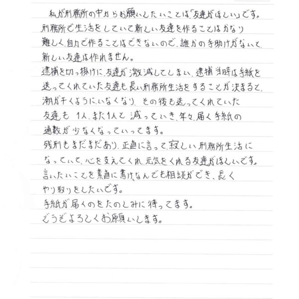 私が刑務所の中からお願いしたいことは「友達がほしい」です。 刑務所で生活をしていて新しい友達を作ることはかなり難しく、自力で作ることはできないので、誰かの手助けがないと新しい友達は作れません。 逮捕を切っ掛けに、友達が激減してしまい、逮捕当時は手紙を送ってくれていた友達も長い刑務所生活をすることが決まると、 潮が干くようにいなくなり、その後も送ってくれていた友達も1人、また1人と減っていき、年々、届く手紙の通数が少なくなっていってます。 残刑もまだまだあり、正直に言って、寂しい刑務所生活になっていて、心を支えてくれ、元気をくれる友達がほしいです。 言いたいことを素直に書け、なんでも相談ができ、長くやり取りをしたいです。 手紙が届くのをたのしみに待ってます。 どうぞよろしくお願いします。