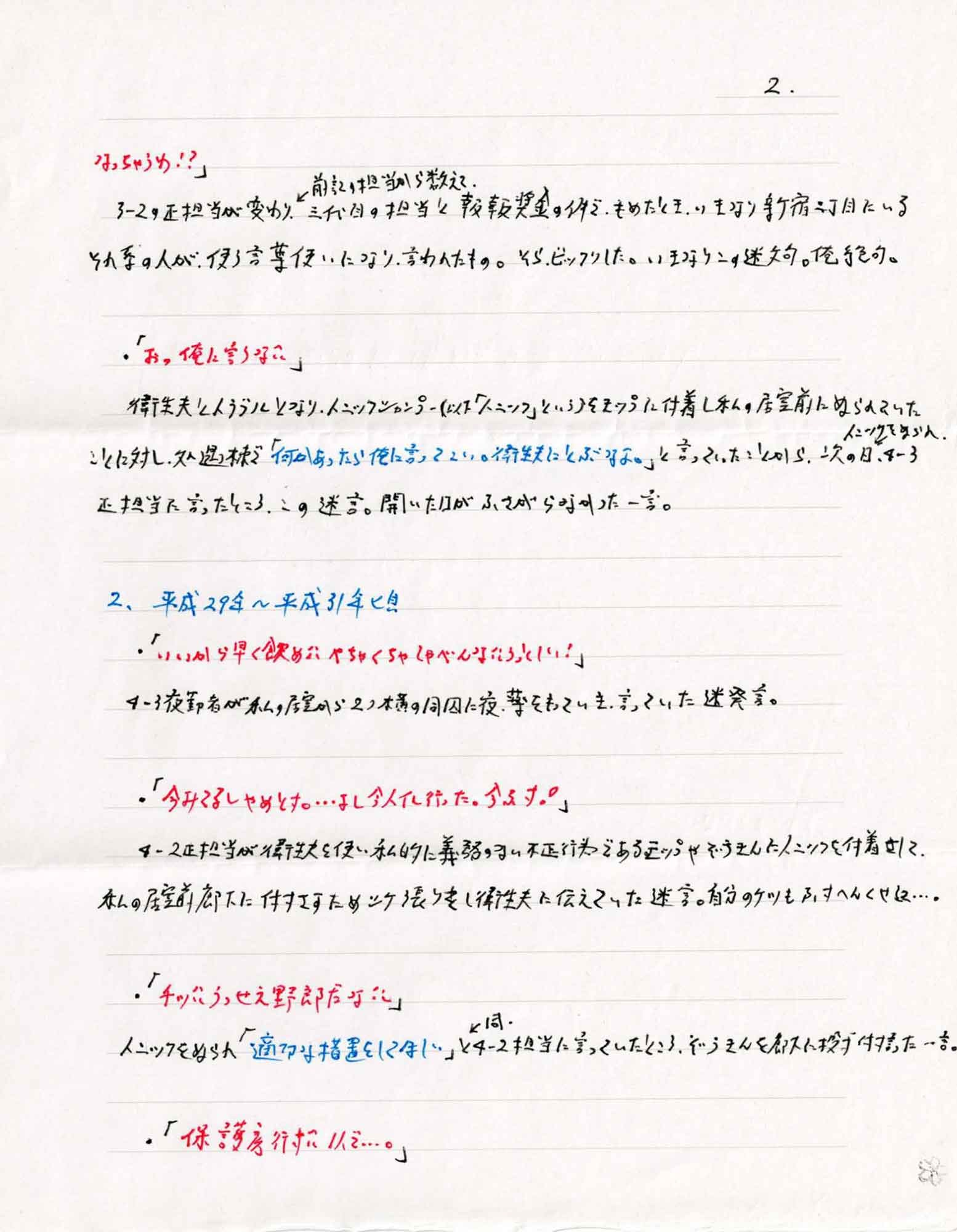 なっちゃうわ!?」
3-2の正担当が変わり、前記の担当から数えて三代目の担当と報報奨金の件で、もめたとき、いきなり新宿二丁目にいるそれ系の人が使う言葉使いになり、言われたもの。そらビックリした。いきなりこの迷文句。俺絶句。
・「おっ俺に言うな!!」
衛生夫とトラブルとなり、トニックションプー（以下「トニック」という）をモップに付着し私の居室前にぬられていたことに対し、処遇棟で「何かあったら俺に言ってこい。衛生夫にとぶなよ。」と言っていたことから、次の日、トニックをまかん4-3正担当に言ったところ、この迷言。開いた口がふさがらなかった一言。
2.平成29年～平成31年頃
・「いいから早く飲め!!　ぺちゃくちゃしゃべんな!!　うっとしい！」
4-3夜勤者が私の居室から2つ横の同囚に夜、薬をもっていき、言っていた迷発言。
・「今みてるしやめとけ。…よし今トイレ行った。今ふけ！」
4-2正担当が衛生夫を使い私的に義務のない不正行為であるモップやぞうきんにトニックを付着さして、私の居室前廊下に付けさすためシケ張りをし衛生夫に伝えていた迷言。自分のケツもふへんくせに…。
・「チッ!!　うっせえ野郎だな!!」
トニックをぬられ「適切な措置をしてほしい」と同4-2担当に言っていたところ、ぞうきんを廊下に投げ付け言った一言。
・「保護房行け!!　1人で…。」