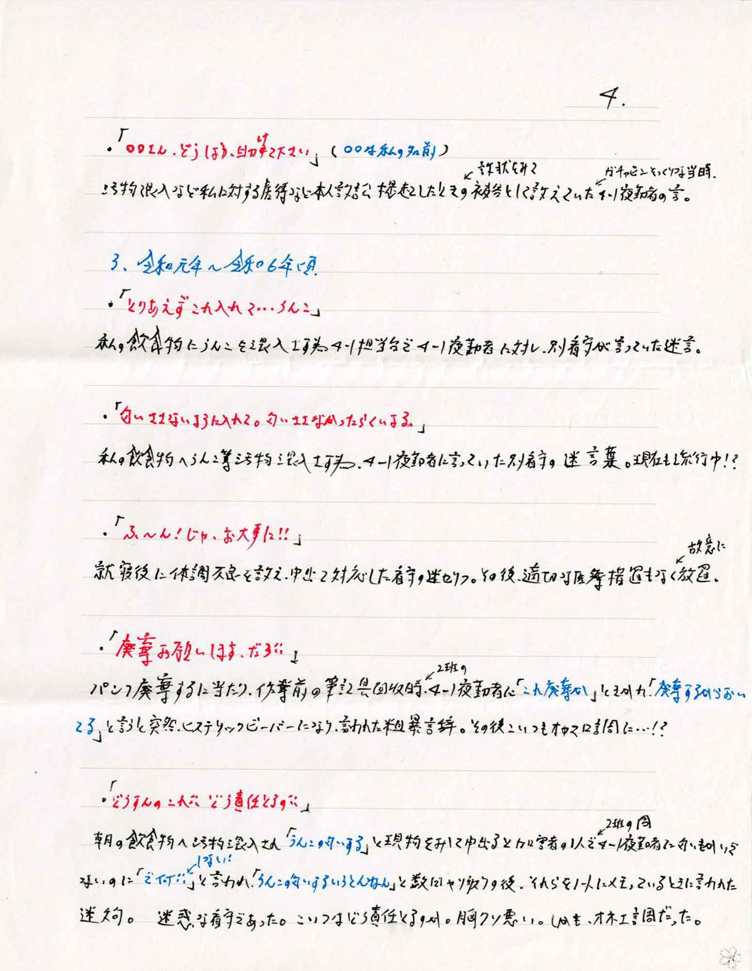 ・「〇〇さん、どうしよう、助けて下さい」（〇〇は私の名前）
汚物混入など私に対する虐待など本人訴訟提起したときの訴状をみて被告として訴えていたガチャピンそっくりな当時、4-1夜勤者の言。
3.令和元年～令和6年頃
・「とりあえずこれ入れて…うんこ」
私の飲料物にうんこを混入さす為4-1担当台で4-1夜勤者に対し、別看守が言っていた迷言。
・「匂いささないように入れて。匂いささなかったらくいよる。」
私の飲食物へうんこ等汚物混入さす為、4-1夜勤者に言っていた別看守の迷言葉。現在も流行中！？
・「ふ～ん！じゃ、お大事に!!」
就寝後に体調不良を訴え、中出て対応した看守の迷セリフ。その後、適切な医等措置もなく故意に放置。
・「廃棄お願いしますだろ!!」
パンフ廃棄するに当たり、作業前の筆記具回収時、2班の4-1夜勤者に「これ廃棄か」ときかれ「廃棄するからおいてる」と言うと突然、ヒステリックビーバーになり、言われた粗暴言辞。その後こいつもオカマロ調に…!?
・「どうすんのこれ!!　どう責任とるの!!」
朝の飲食物へと汚物混入され「うんこの匂いする」と現物をみして申出ると加害者の1人で2班の同4-1夜勤者に匂いもかいでないないのに「で何!!　しない！」と言われ「うんこの匂いするいうとんねん」と数回やり取りの後、それらをノートにメモっているときに言われた迷文句。迷惑な看守であった。こいつはどう責任とるのか。胸クソ悪い。しかも、オネエ調だった。