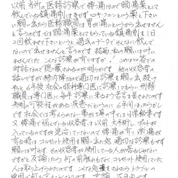 以前、当所の医務診察で腰痛なので頭痛薬として飲んでいる鎮痛剤はきかずロキソニンという薬と下さいと願い出たら医務職員は胃が痛いというから出せませんと言うのです。では頭痛薬としてもらっている鎮痛剤を1日2回飲ませて下さいというと、過去のデータでそんなに飲んでないので出せませんと言うのです。結局、私の願いは叶いませんでした。こんな診察が有りますか！　これは口答での対話なので隠蔽されるのが明らかです。他の収容者の話しですが緑内障なので適切な診察を願い出続けやっと6年後、社会の眼科専門医に診察してもらい、刑務職員は専門医に毎年診察に来るよう苦言を呈されたのです。失明の可能性がある疾患だというのに6年間ほったらかしです。社会では考えられない事が塀の中では日常飯事です。又、腰痛で悩んでいる収容者は以前、大手術し、ボルトが入っているのですが完治していないので腰痛が有り激痛が有る時はコルセット使用を願い出た処、適切な診察もせず願いは叶わず、その収容者が使用している人が居るじゃないですかと反論したら、何の前触れもなく、コルセット使用していた人は取り上げられたのです。こんな処置をされたらトラブルの原因で何も言えなくなります。言論の不自由です。 上記した案件は、処遇法56条、社会一般と同等