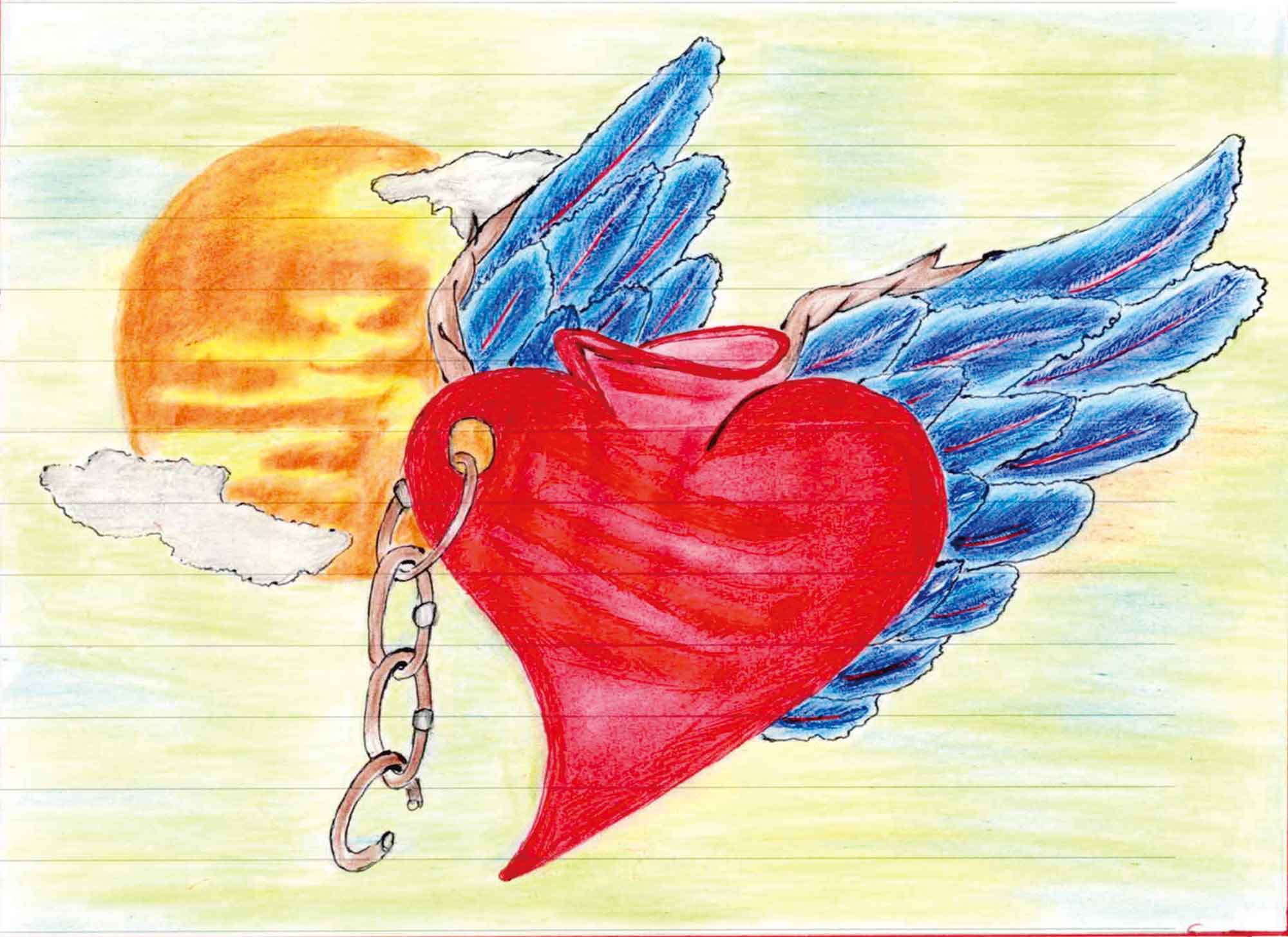 作品は、横書きの便箋の上半分に描かれています。横長の絵で、中央に赤い大きなハートがあります。ハートは左の方に穴が開いていて、鎖が垂れています。また、ハートは青い羽を生やしています。羽の後方左側には、オレンジ色に輝く太陽があります。背景には、黄色や青・緑を配置して明るい金色のような色味を再現しています。