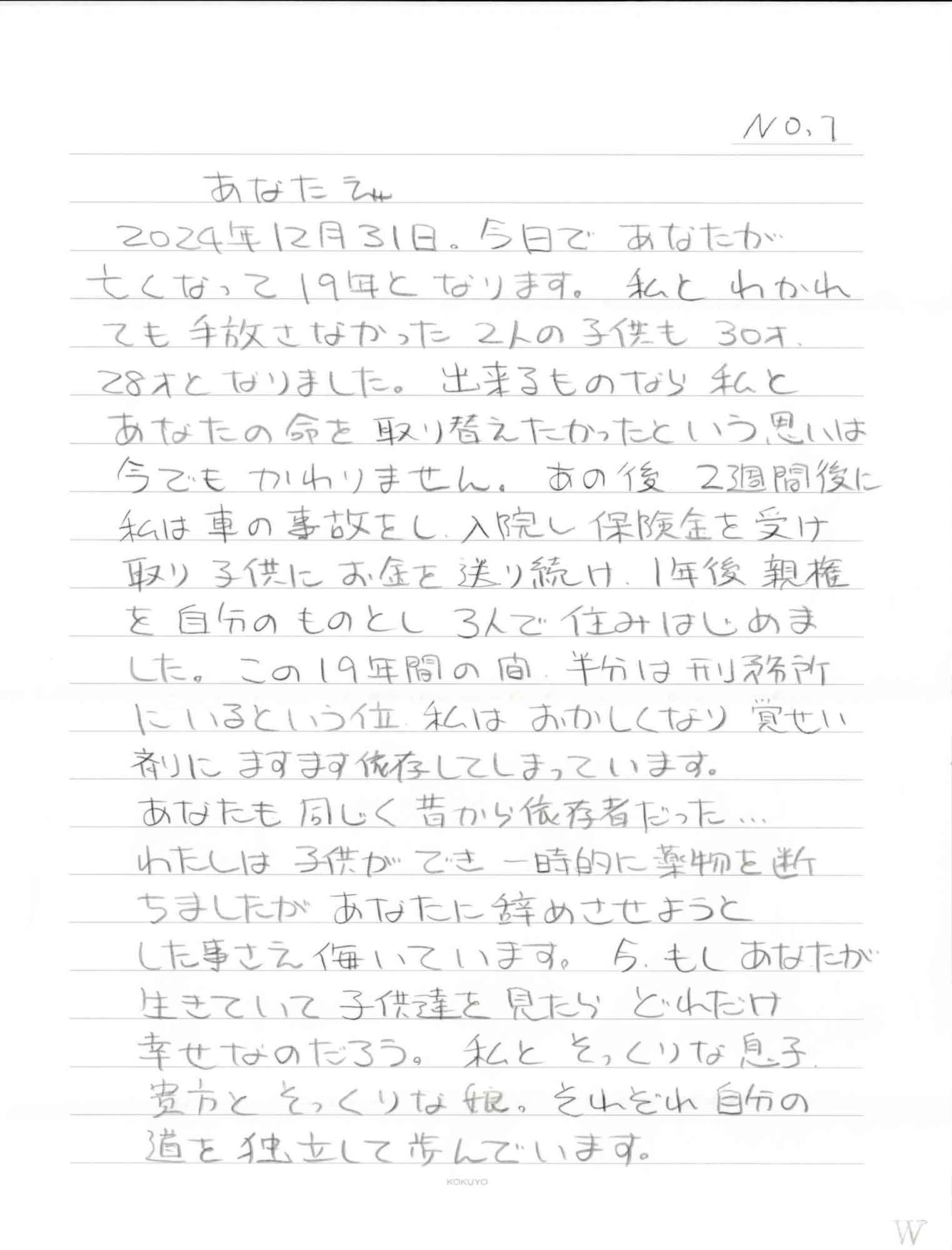 2024年12月31日。今日であなたが 亡くなって19年となります。私とわかれても手放さなかった2人の子供も30才、28才となりました。出来るものなら私とあなたの命を取り替えたかったという思いは今でもかわりません。あの後2週間後に私は車の事故をし、入院し保険金を受け取り子供にお金を送り続け、1年後親権を自分のものとし3人で住みはじめました。この19年間の間、半分は刑務所にいるという位私はおかしくなり覚せい剤にますます依存してしまっています。 あなたも同じく昔から依存者だった… わたしは子供ができ一時的に薬物を断ちましたがあなたに辞めさせようとした事さえ侮いています。今、もしあなたが生きていて子供達を見たらどれだけ幸せなのだろう。私とそっくりな息子、貴方とそっくりな娘。それぞれ自分の道を独立して歩んでいます。