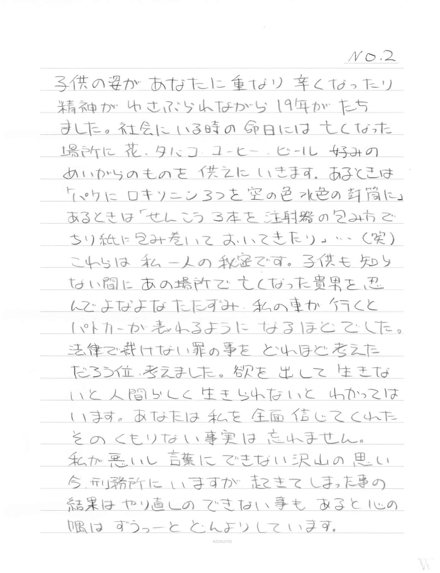 子供の姿があなたに重なり辛くなったり精神がゆさぶられながら19年がたちました。社会にいる時の命日には亡くなった場所に花、タバコ、コーヒー、ビール　好みのめいがらのものを供えにいきます。あるときは「パケにロキソニン3つを空の色水色の封筒に」 あるときは「せんこう3本を注射器の包み方でちり紙に包み巻いておいてきたり」…（笑） これらは私一人の秘密です。子供も知らない間にあの場所で亡くなった貴男を忍んでよなよなたたずみ、私の車が行くとパトカーが表れるようになるほどでした。法律で裁けない罪の事をどれほど考えただろう位、考えました。欲を出して生きないと人間らしく生きられないとわかってはいます。あなたは私を全面信じてくれたそのくもりない事実は忘れません。 私が悪いし言葉にできない沢山の思い今、刑務所にいますが起きてしまった事の結果はやり直しのできない事もあると心の隅はずうっーとどんよりしています。