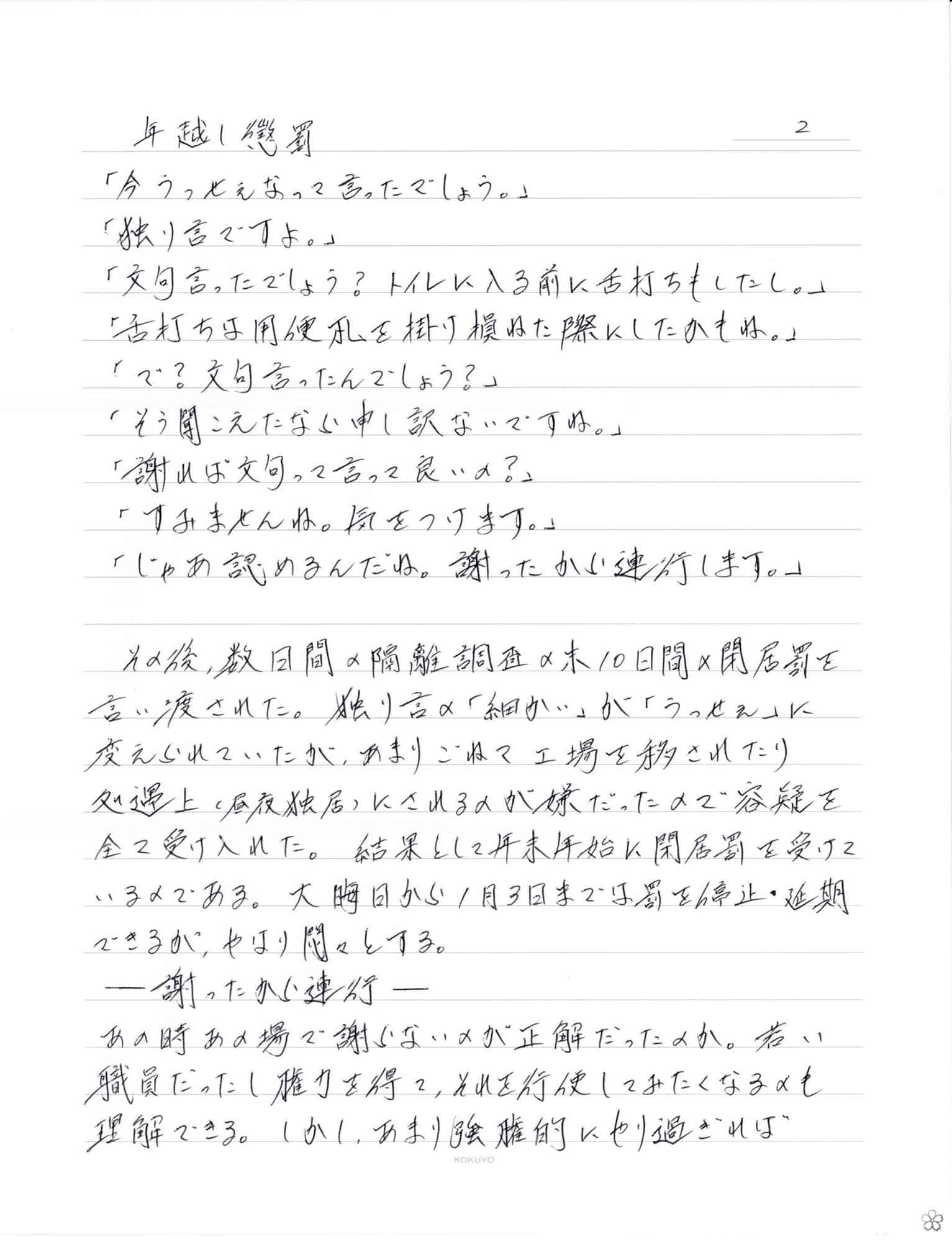 　「今うっせえなって言ったでしょう。」 　「独り言ですよ。」 　「文句言ったでしょう？トイレに入る前に舌打ちもしたし。」 　「舌打ちは用便札を掛け損ねた際にしたかもね。」 　「で？文句言ったんでしょう？」 　「そう聞こえたなら申し訳ないですね。」 　「謝れば文句って言って良いの？」 　「すみませんね。気をつけます。」 　「じゃあ認めるんだね。謝ったから連行します。」 　その後、数日間の隔離調査の末10日間×閉居罰を言い渡された。独り言の「細かい」が「うっせえ」に変えられていたが、あまりごねて工場を移されたり処遇上（昼夜独居）にされるのが嫌だったので容疑を全て受け入れた。結果として年末年始に閉居罰を受けているのである。大晦日から1月3日までは罰を停止・延期できるが、やはり悶々とする。 ーー謝ったから連行ーー あの時あの場で謝らないのが正解だったのか。若い職員だったし権力を得て、それを行使してみたくなるのも理解できる。しかし、あまり強権的にやり過ぎれば