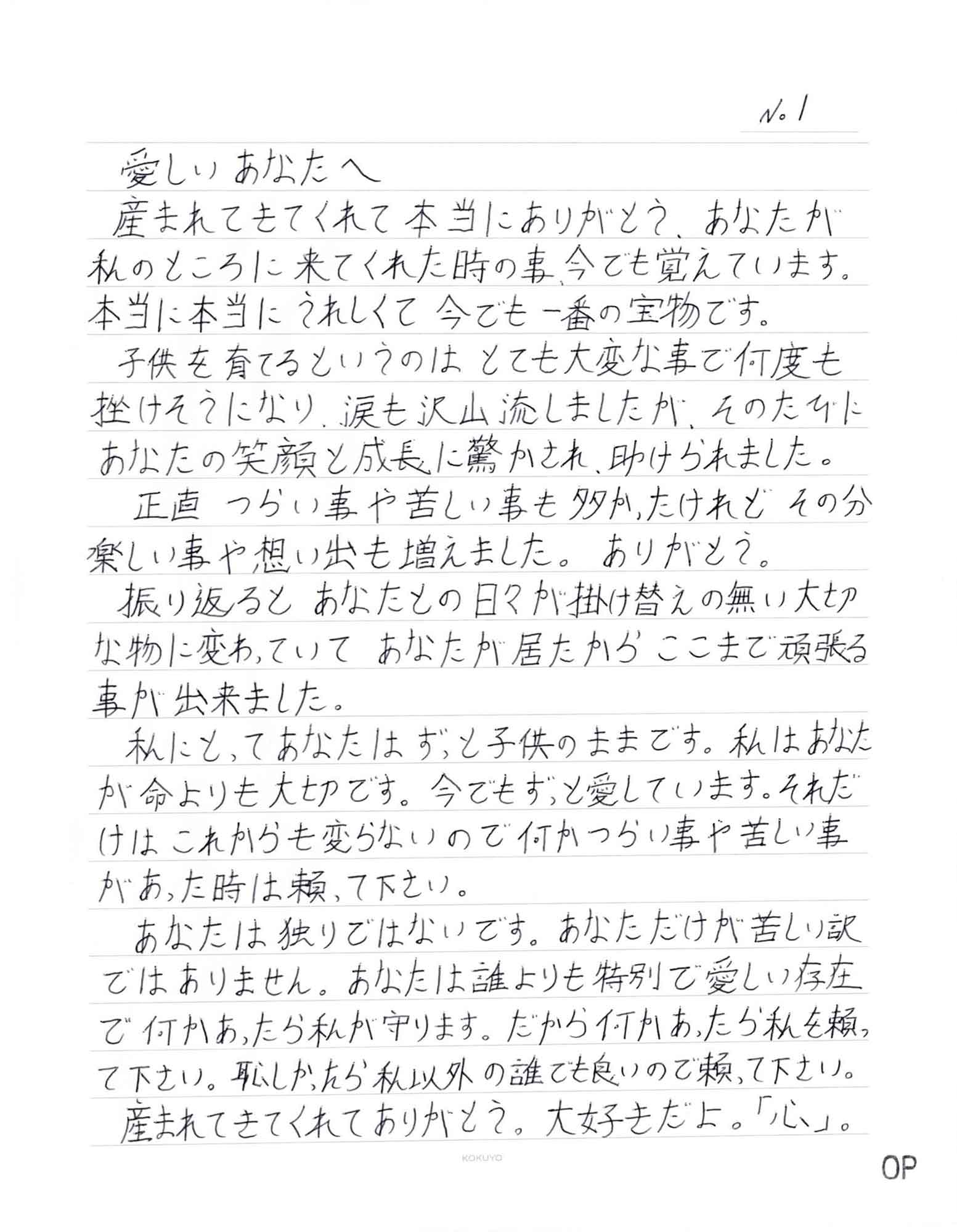 産まれてきてくれて 本当にありがとう。あなたが私のところに 来てくれた時の事、今でも覚えています。本当に本当にうれしくて 今でも一番の宝物です。 　子供を育てるというのは とても大変な事で何度も挫けそうになり、涙も沢山流しましたが、そのたびにあなたの笑顔と成長に驚かされ、助けられました。 　正直 つらい事や苦しい事も多かったけれどその分楽しい事や想い出も増えました。ありがとう。 　振り返ると あなたとの日々が掛け替えのない大切な物に変わっていて あなたが居たからここまで頑張る事が出来ました。 　私にとってあなたはずっと子供のままです。私はあなたが命よりも大切です。今でもずっと愛しています。それだけは これからも変らないので何かつらい事や苦しい事があった時は頼って下さい。 　あなたは独りではないです。あなただけが苦しい訳ではありません。あなたは誰よりも特別で愛しい存在で何かあったら私が守ります。だから何かあったら私を頼って下さい。恥しかったら私以外の誰でも良いので頼って下さい。 　産まれてきてくれてありがとう。大好きだよ。「心」。
