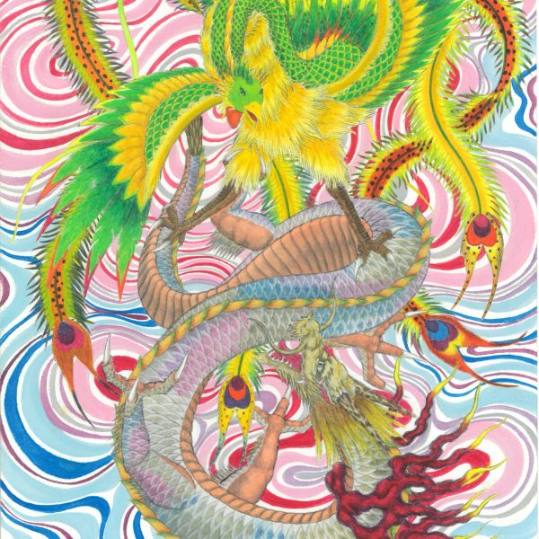 極彩色で描かれた龍と鳳凰。上部に黄と緑の羽をもつ鳳凰、下部に青緑の鱗をもつ龍が絡み合い戦う姿を表す。背景全面が赤・青・ピンクの渦巻く曲線で埋められている。