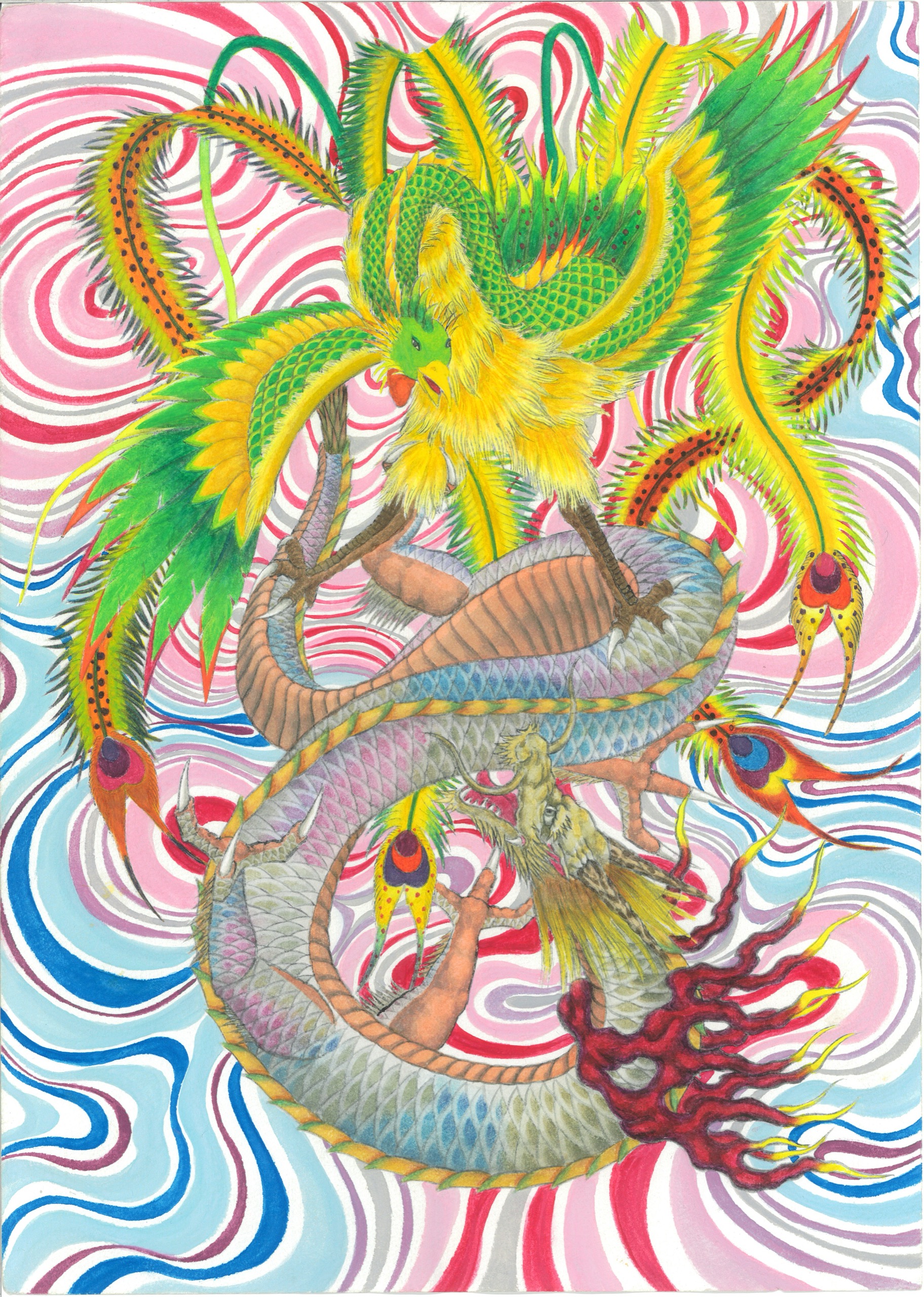 極彩色で描かれた龍と鳳凰。上部に黄と緑の羽をもつ鳳凰、下部に青緑の鱗をもつ龍が絡み合い戦う姿を表す。背景全面が赤・青・ピンクの渦巻く曲線で埋められている。