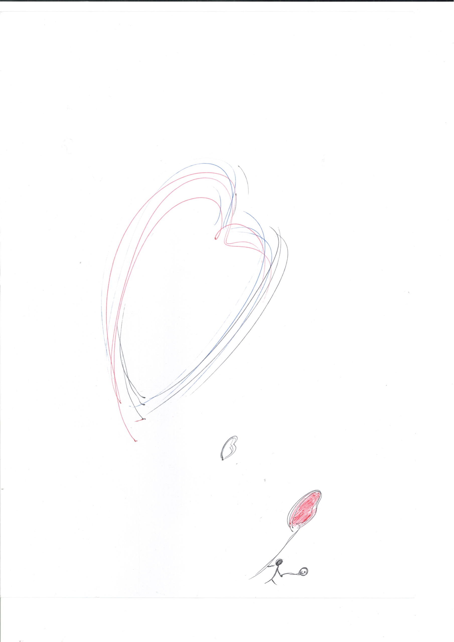 画用紙の中央に大きなハートが描かれている。右下には棒人間のようなキャラクターが風船らしきものを持ってハートを見上げている。