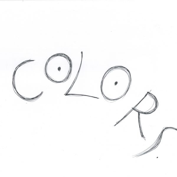 画用紙の中央から右下にかけてアルファベットの大文字でCOLORSの文字が描かれている。Oの円の中には人の目のような点が打たれている。